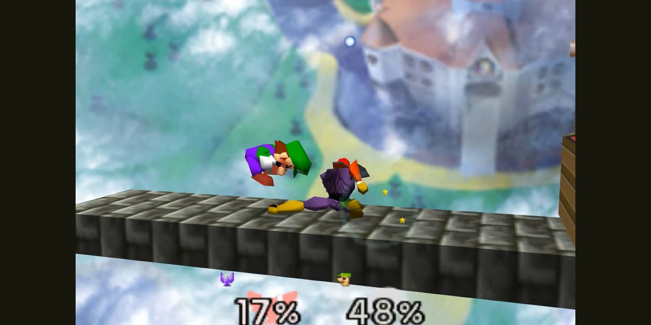 Captain Falcon doing a crouching kick to Luigi in Super Smash Bros.