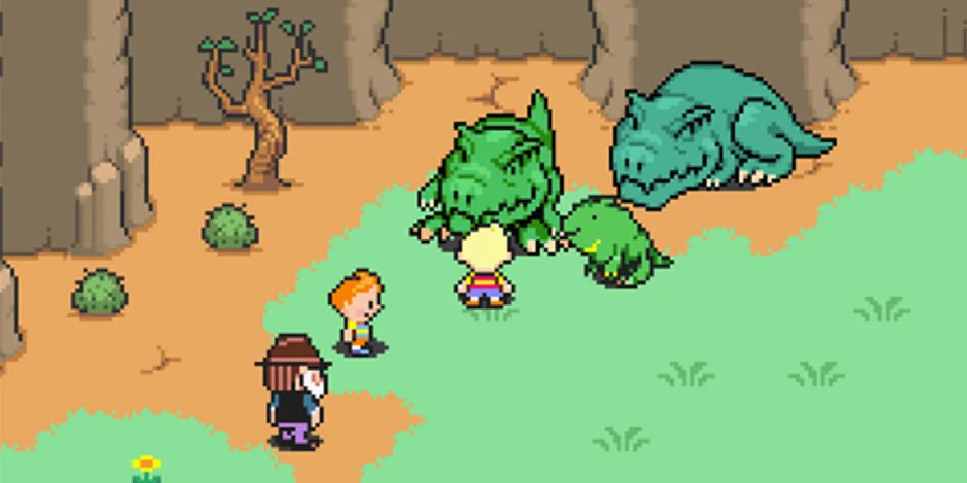 Lucas confronting a family of dinosaurs in Mother 3.