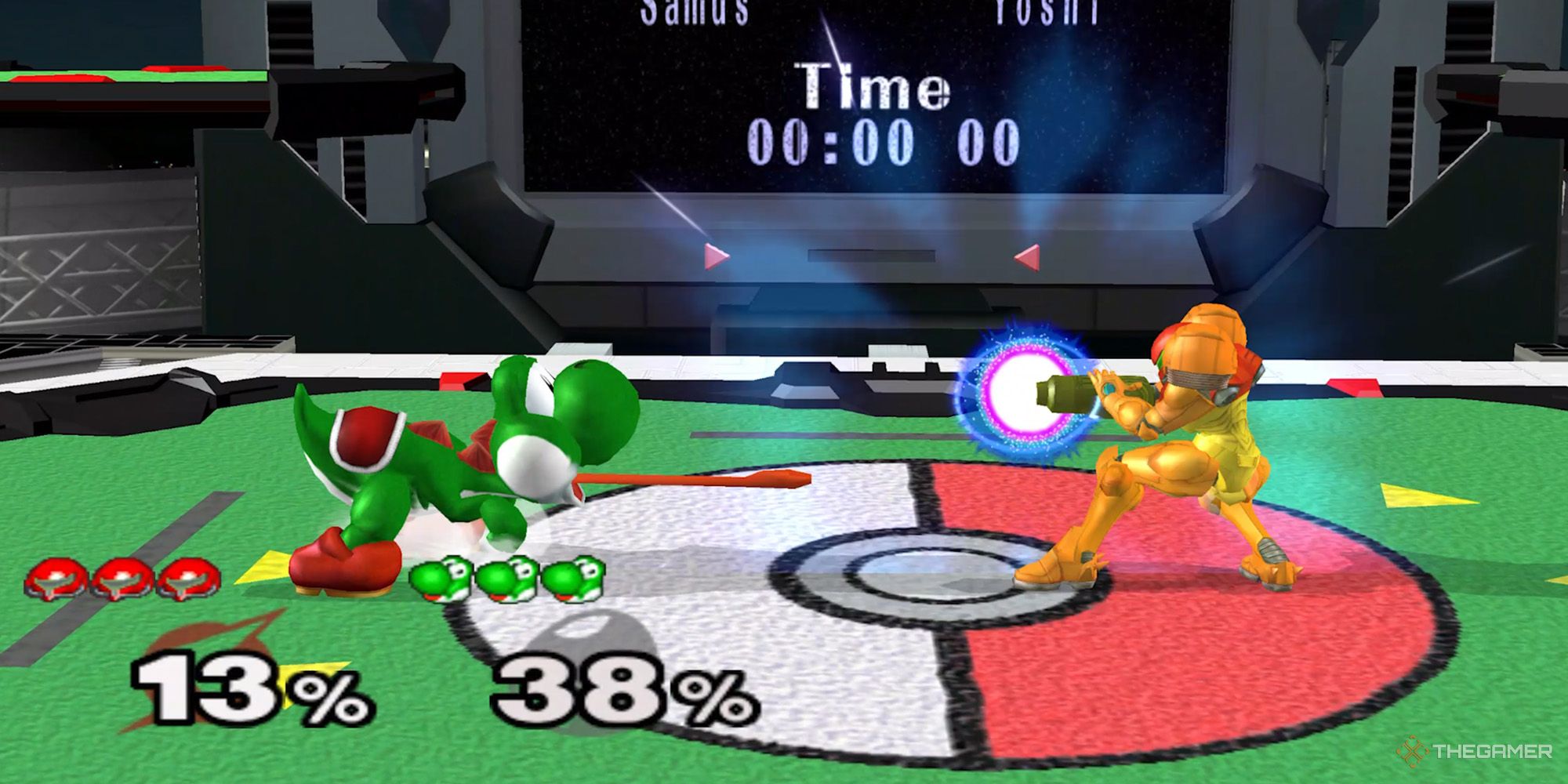 Samus charging her gun Yoshi is shooting his tongue at her in Super Smash Bros. Melee.