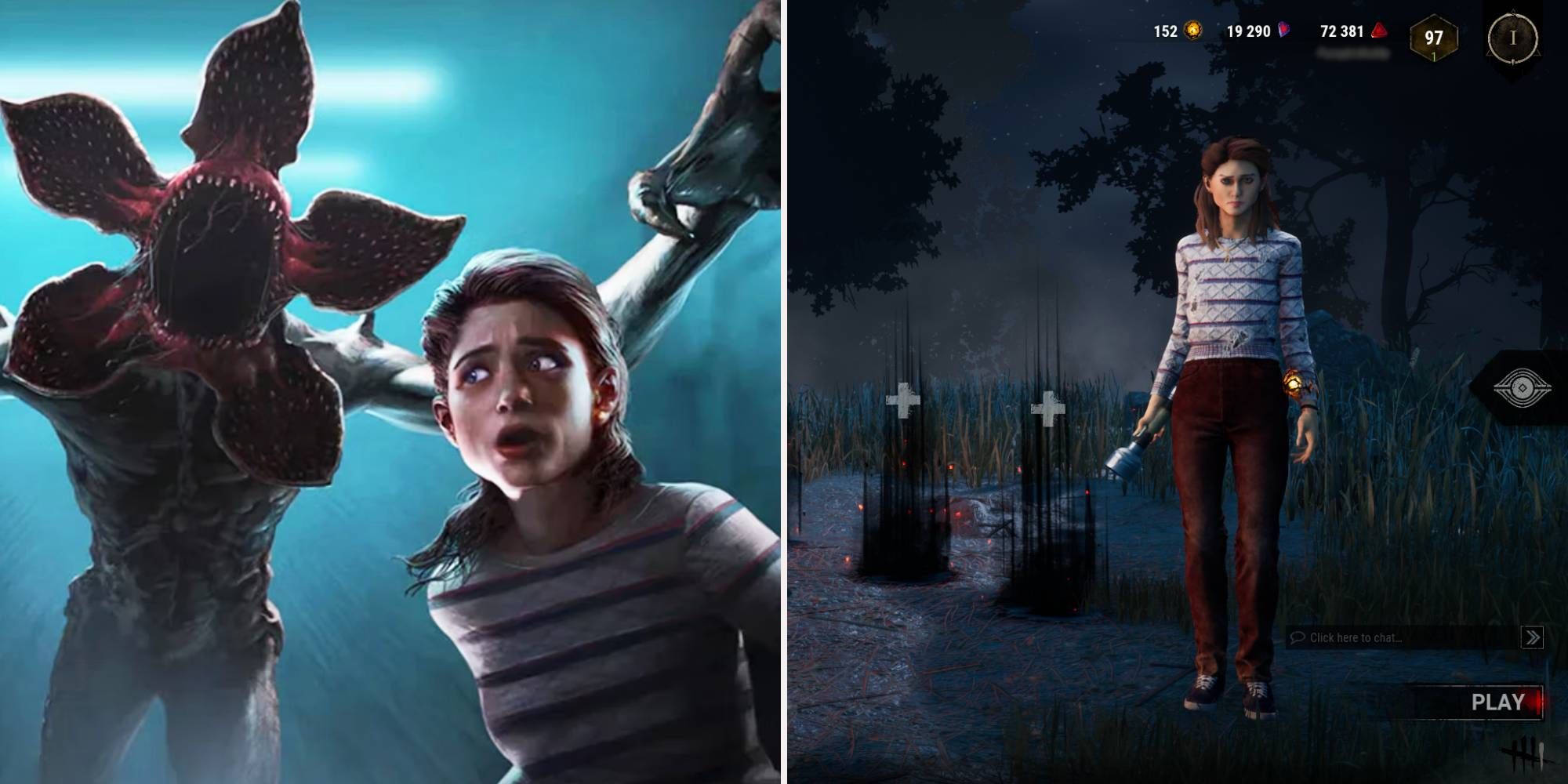 Left, Nancy Wheeler is frightened by the Demogorgon. Right, Nancy Wheeler in the game lobby.