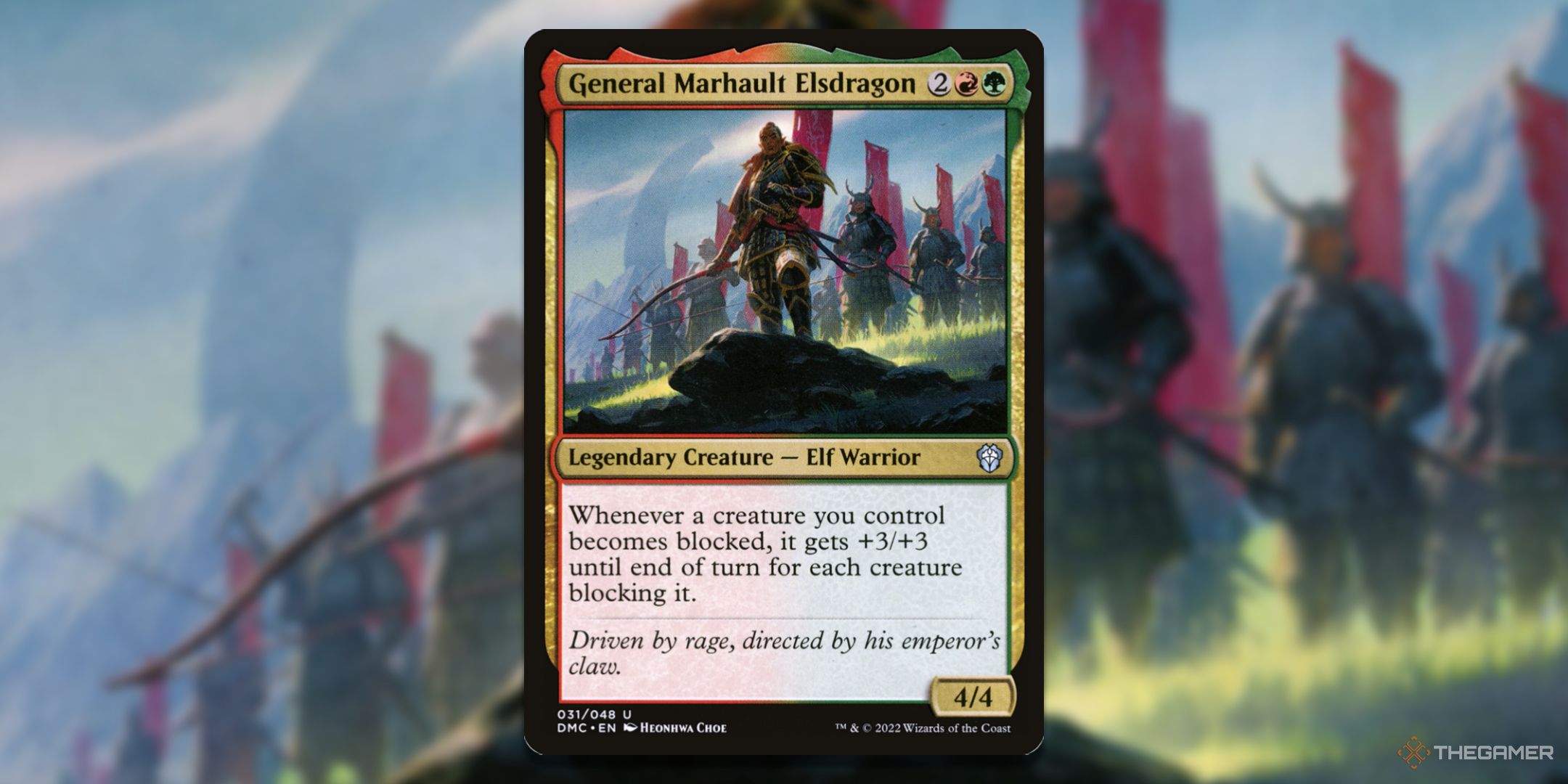 MTG General Marhault Eldsradgon card with the art in the background.