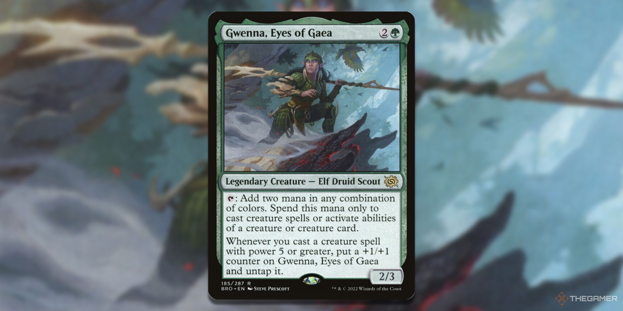 MTG Gwenna, Eyes of Gaea card with the art in the background.