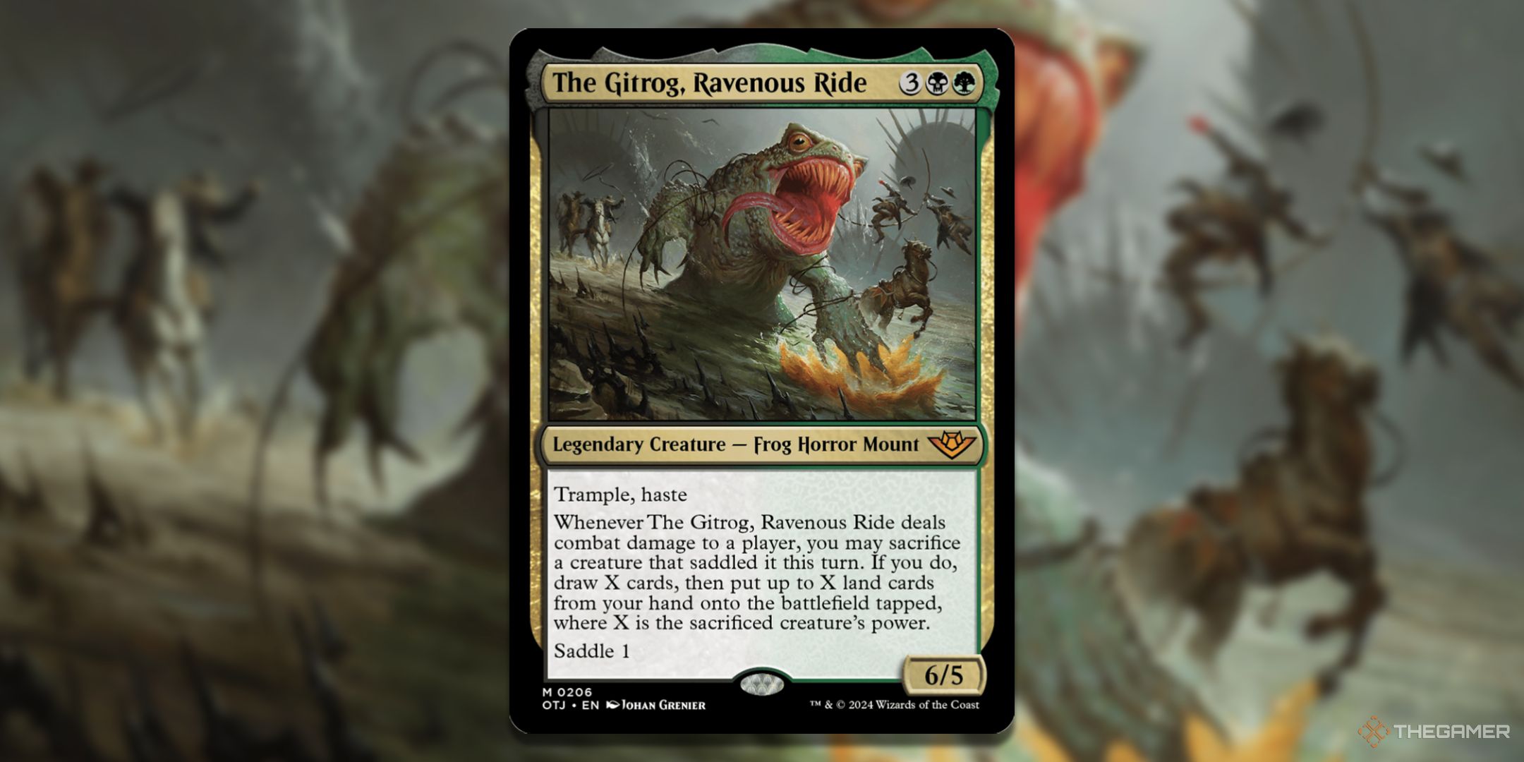 MTG The Gitrog, Ravenous Ride card with the art in the background.