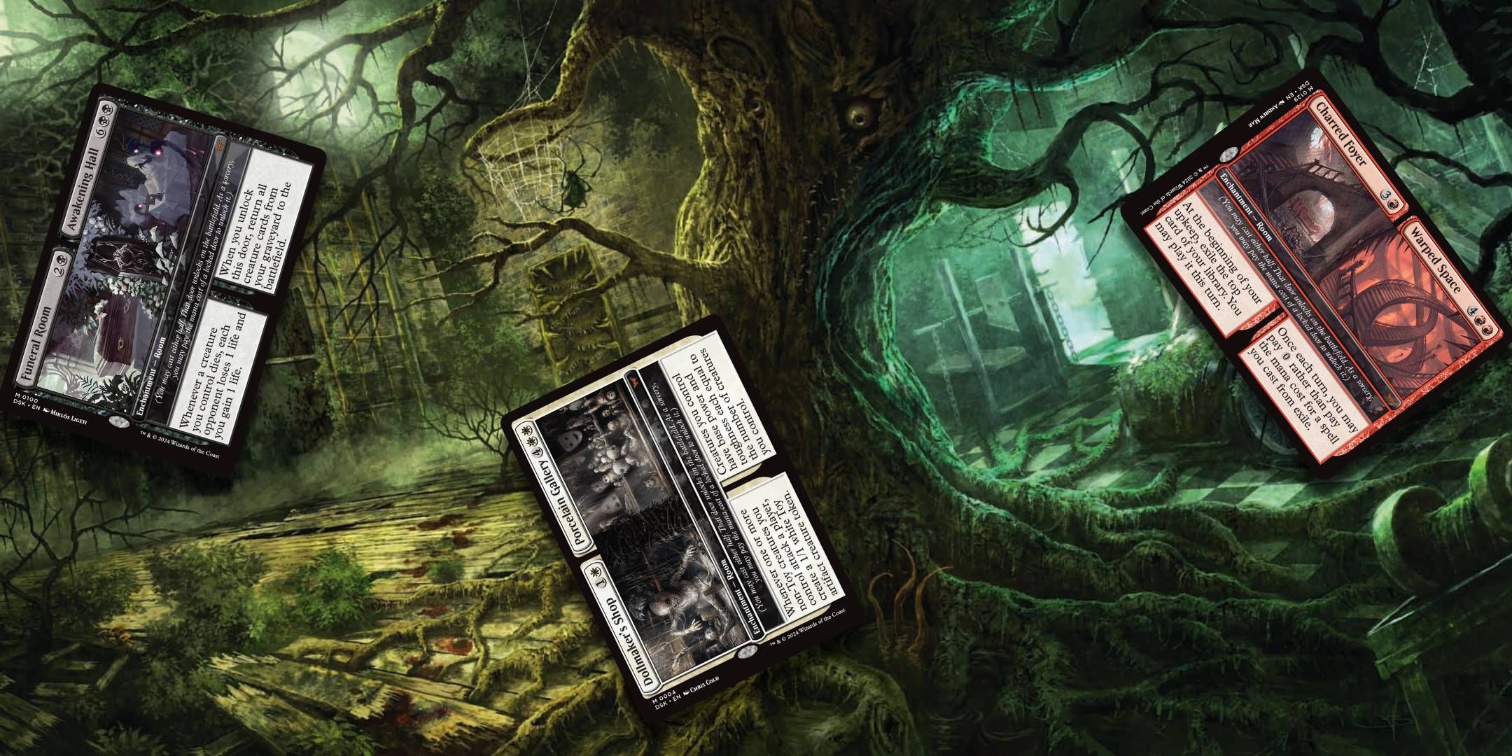 Image of three Magic the Gathering Room cards over a creepy tree.