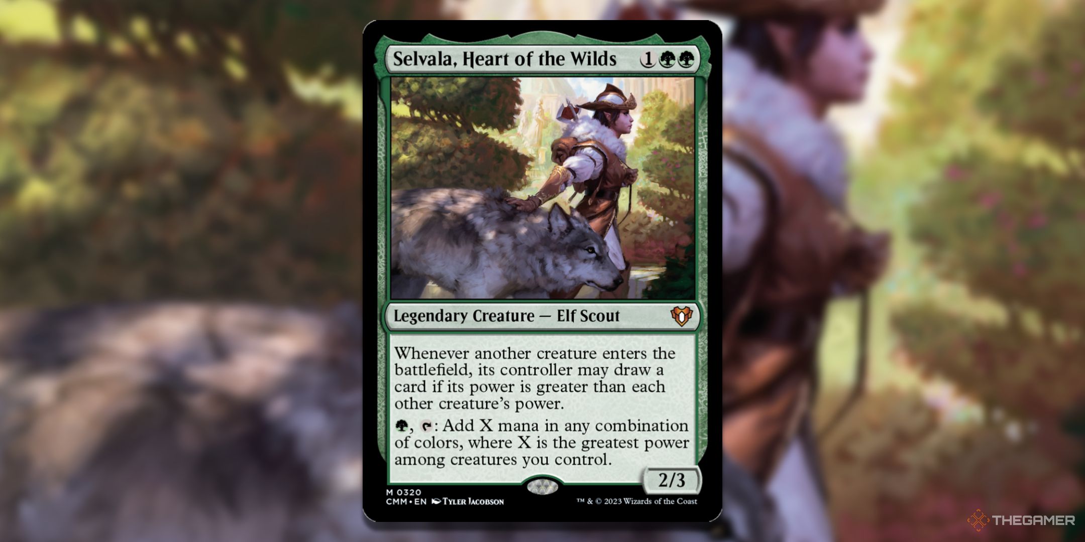 MTG Selvala, Heart of the Wilds card with the art in the background.