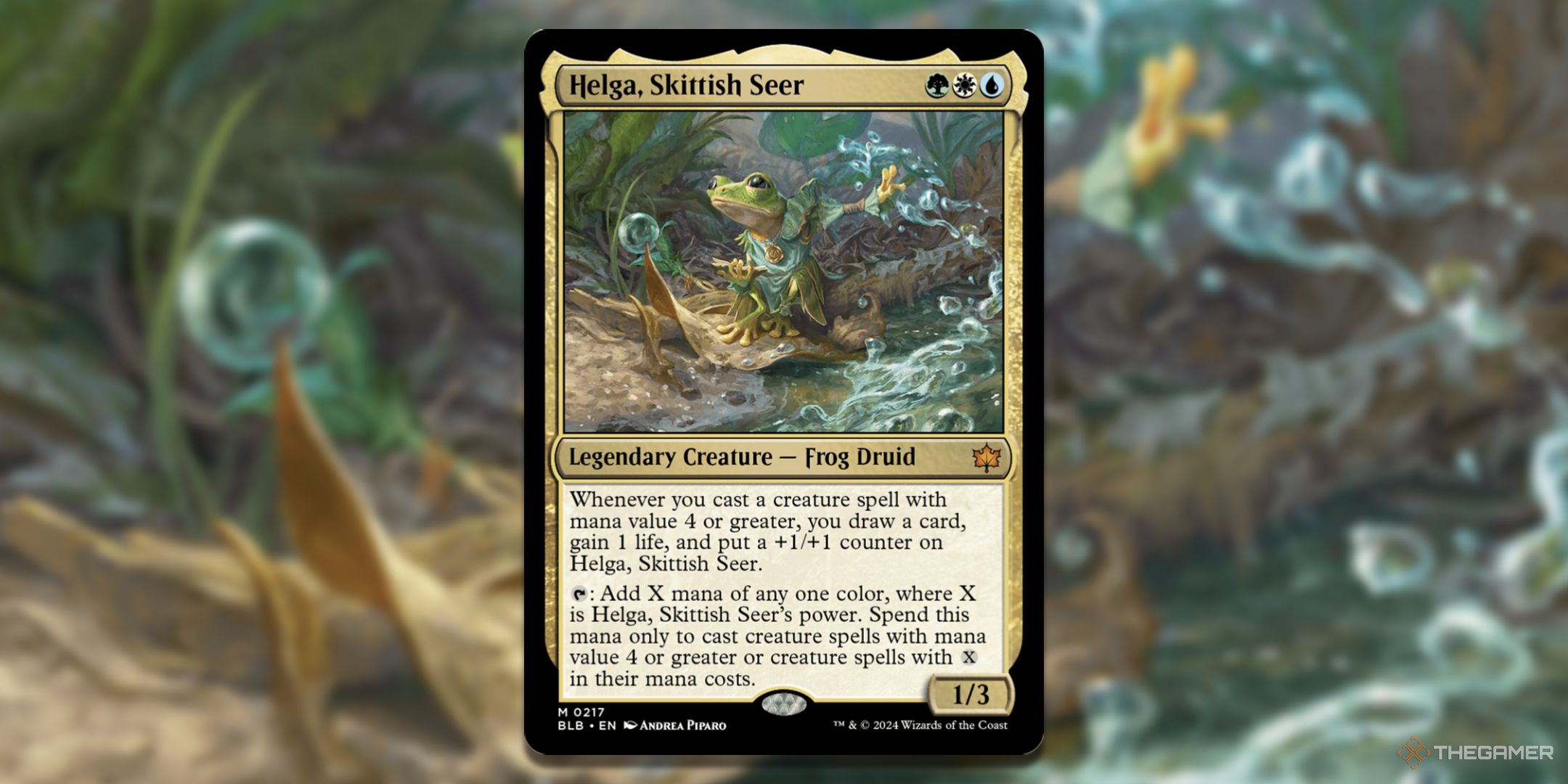 MTG Helga, Skittish Seer card with the art in the background.