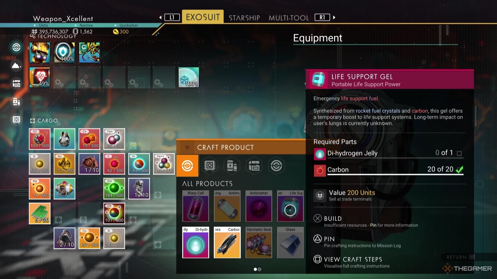 Crafting Life Support Gel in No Man's Sky.