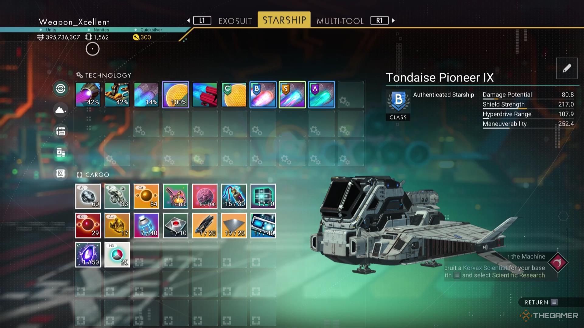 The player has more than 1500 Nanite Clusters stored in No Man's Sky.