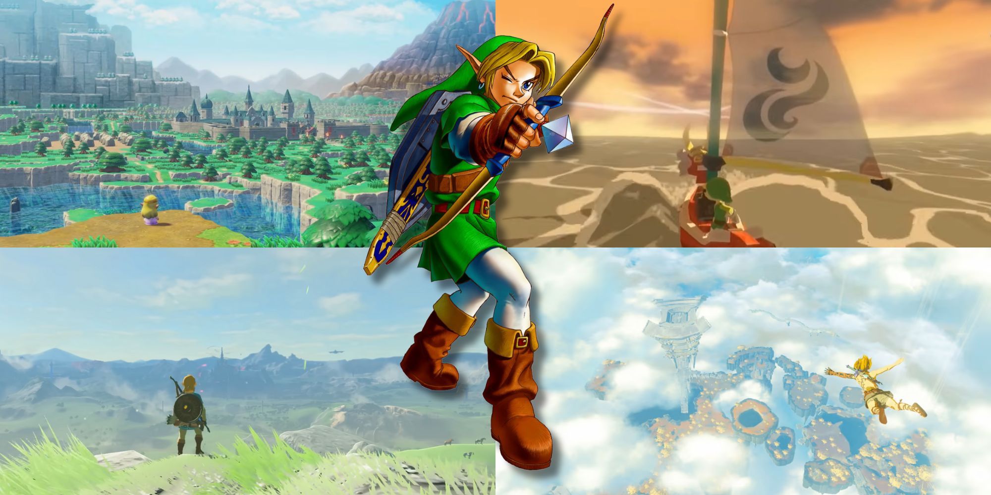 A collage of 4 versions of Hyrule in 4 Legend of Zelda games: Echoes of Wisdom, The Wind Waker, Breath of the Wild and Tears of the Kingdom.