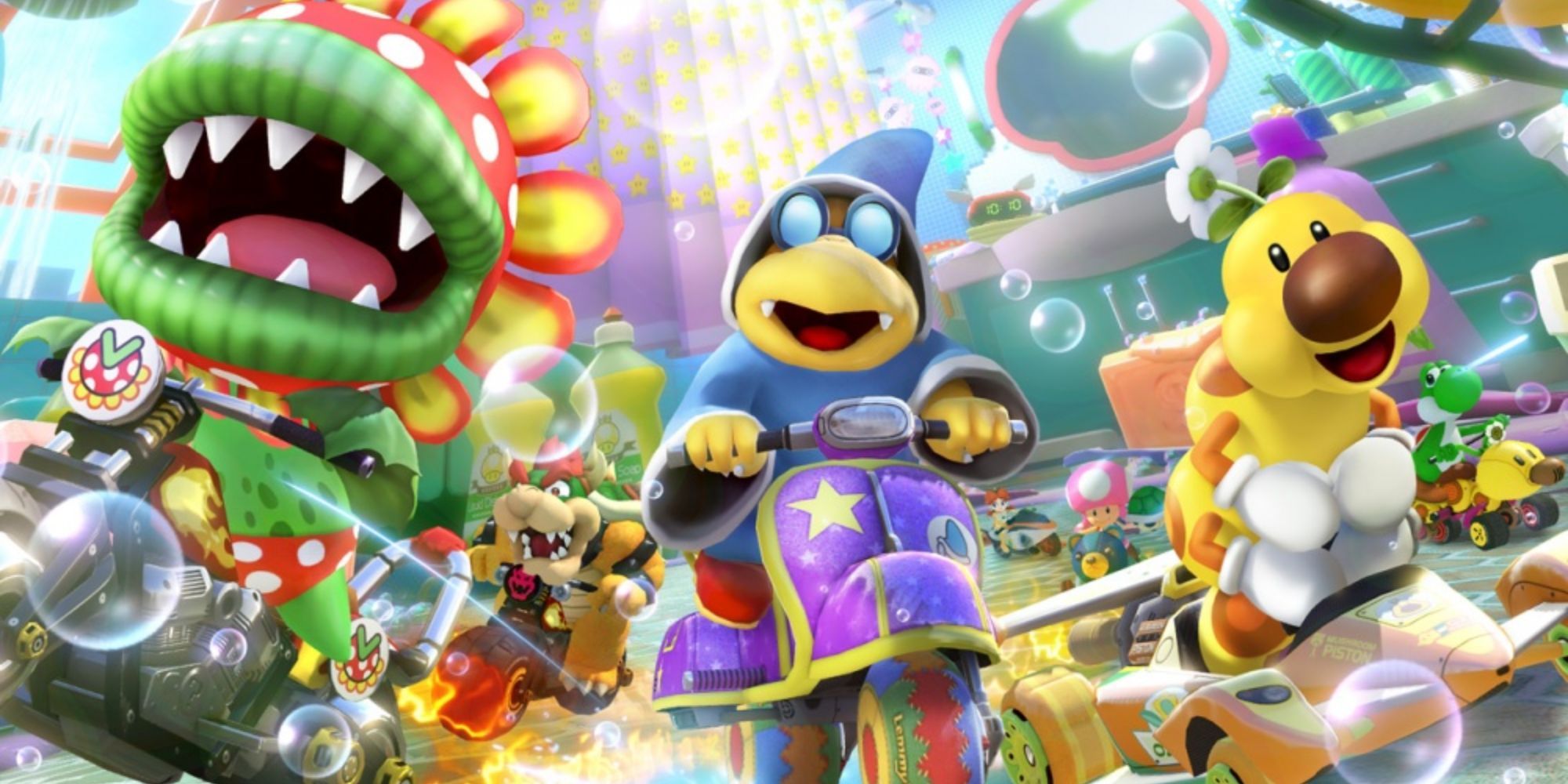 Petey, Kamek, and Wiggler drive across Squeaky Clean Sprint in Mario Kart 8 Deluxe.