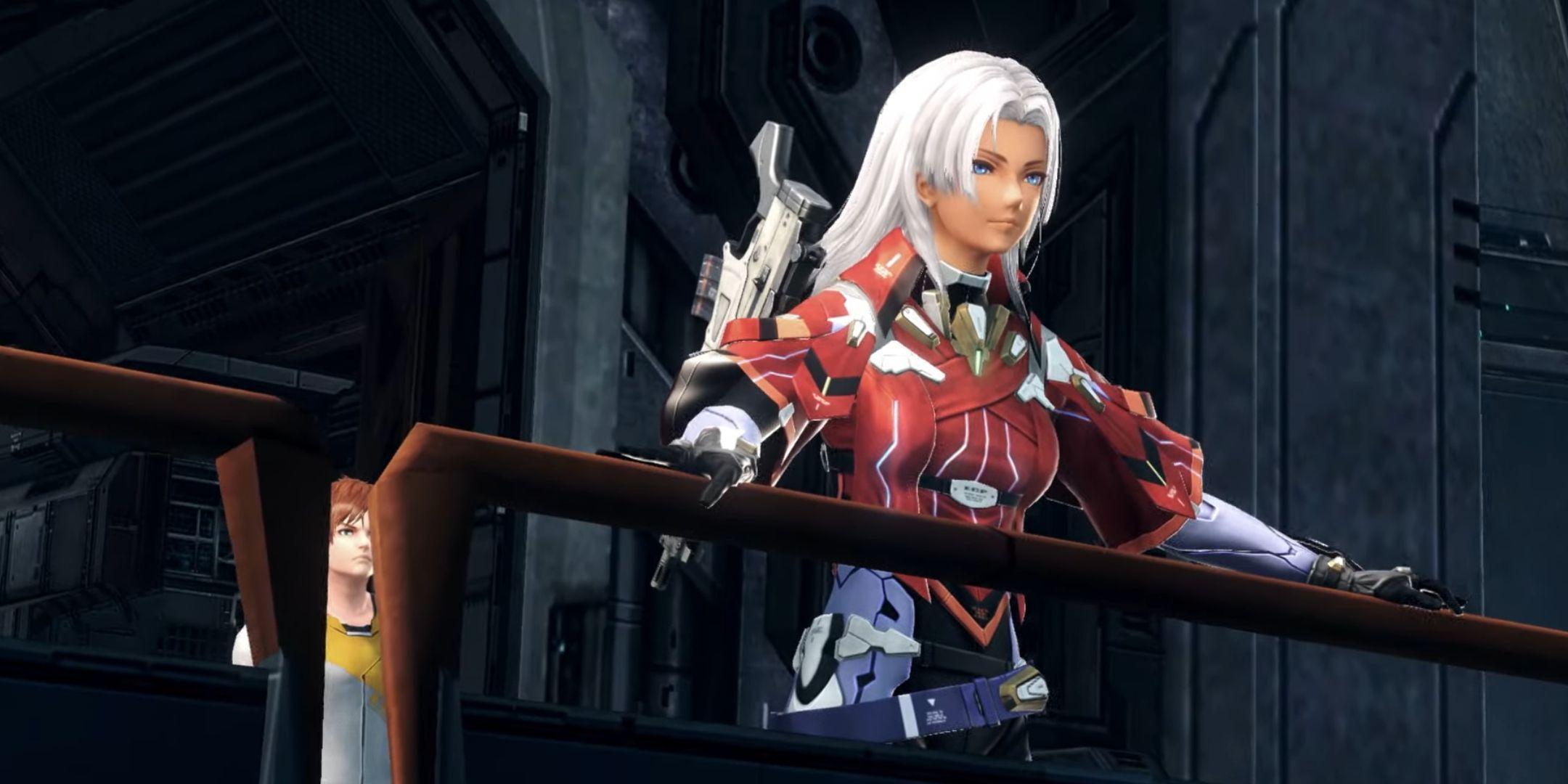 A still from Xenoblade Chronicles X: Definitive Edition, showing a woman with white hair overlooking a city while leaning on a railing.