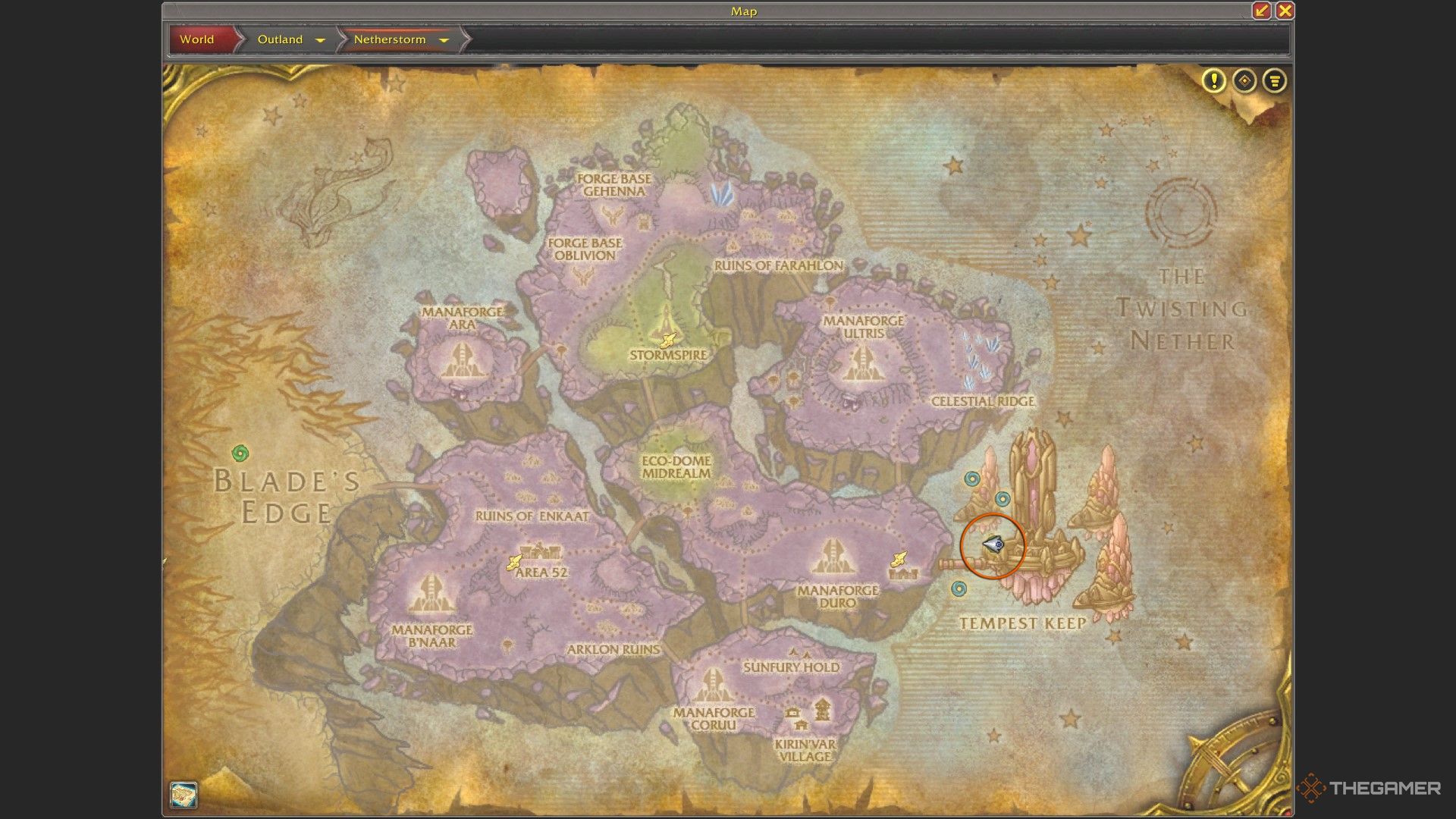 The map of Netherstorm with the entrance to The Eye circled in orange.