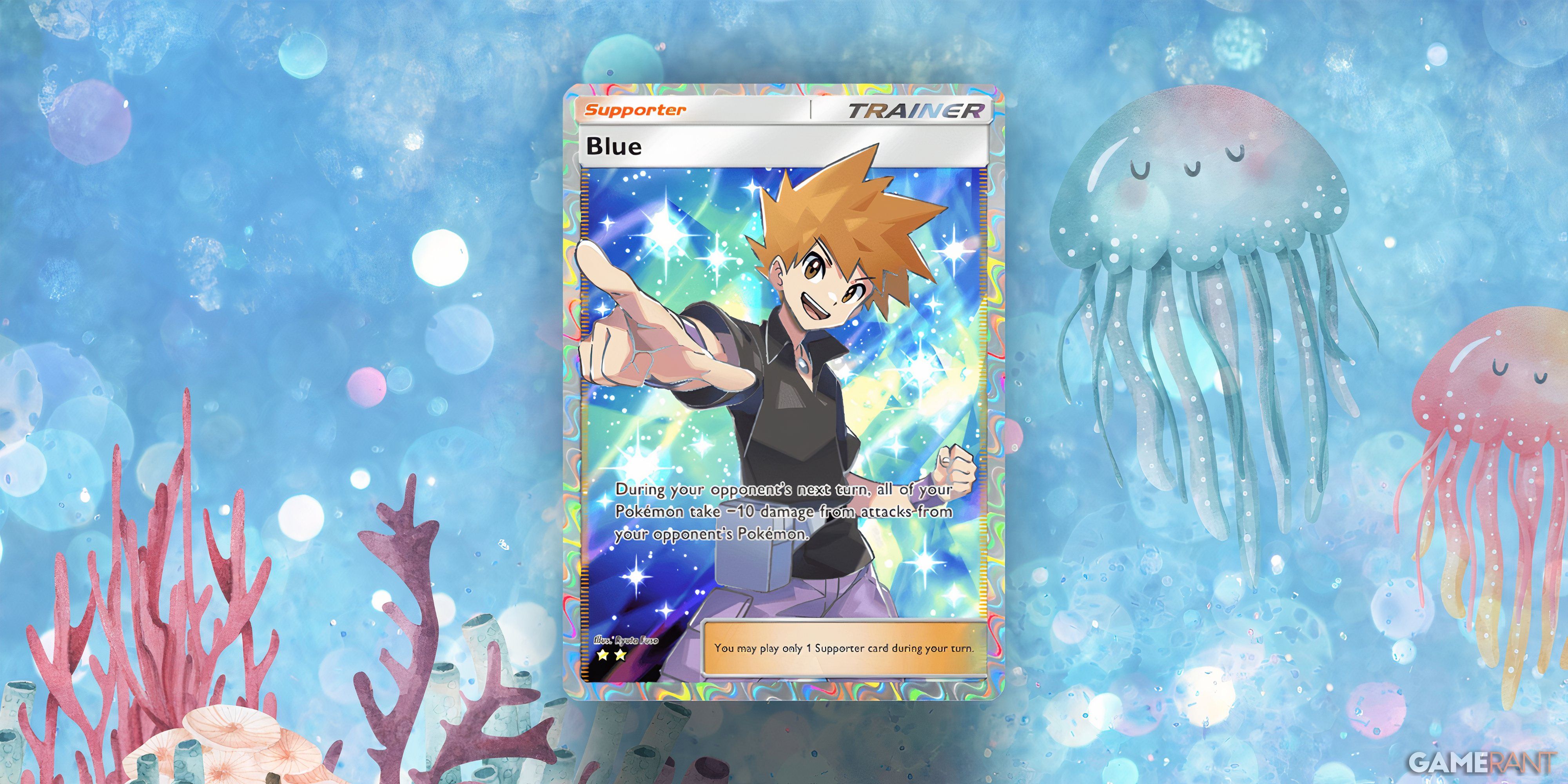 blue supporter card in pokemon pocket.