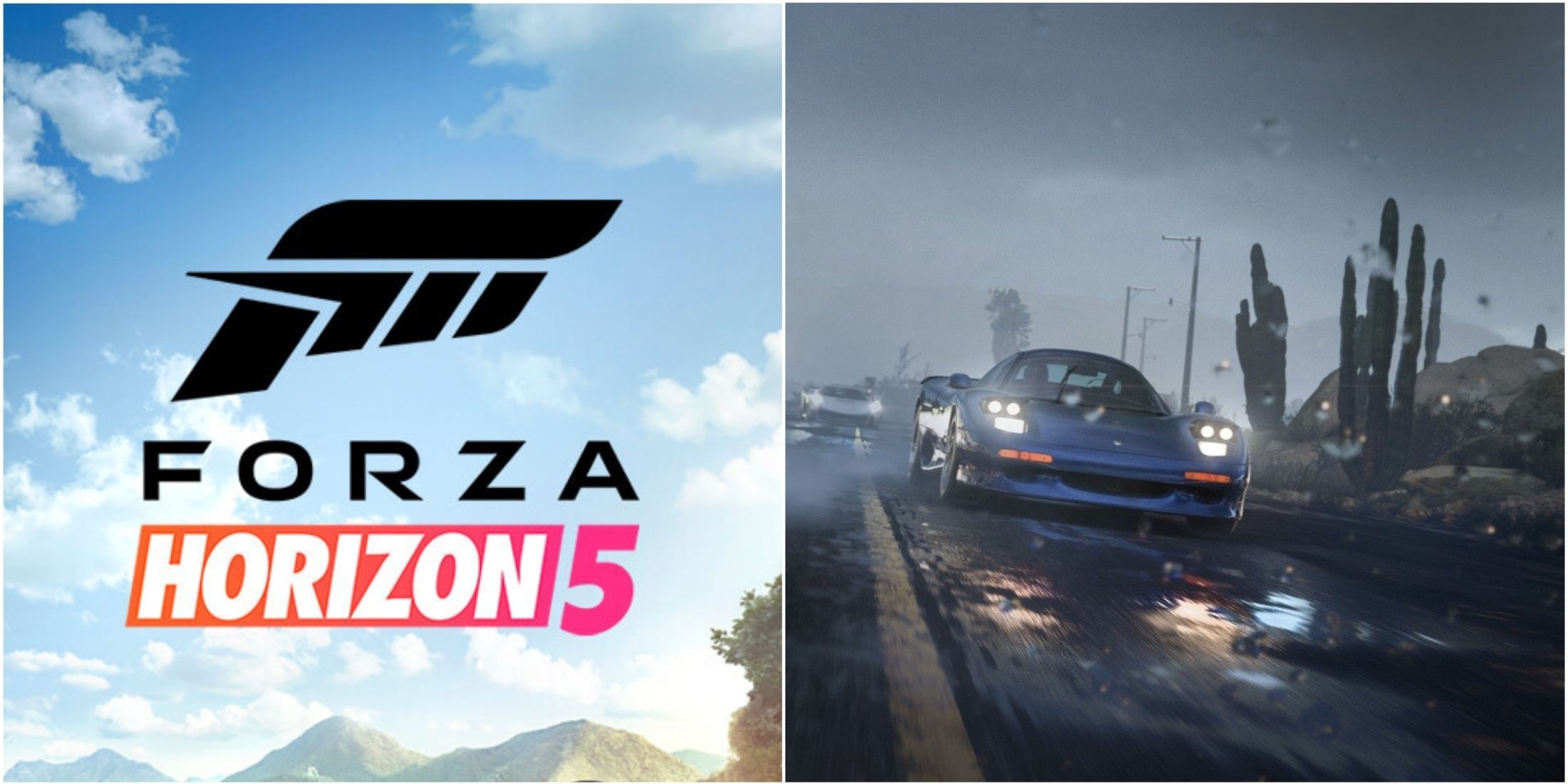 forza horizon 5 logo and blue car in rain