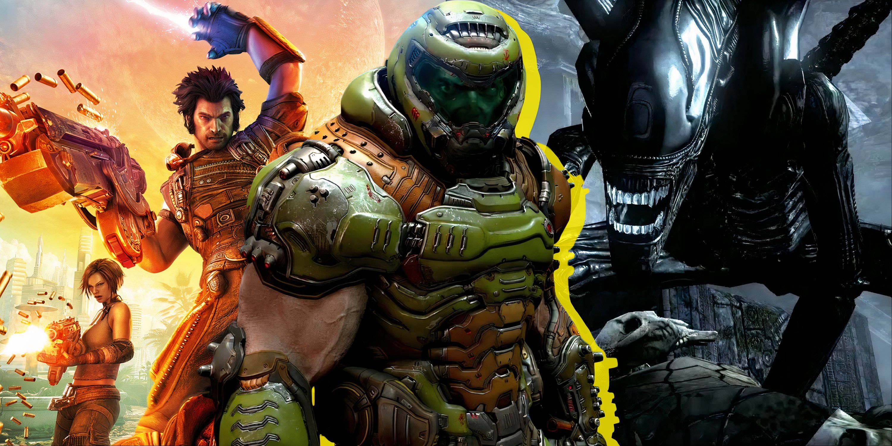 Split image of Bulletstorm, Doom Eternal, and Aliens Versus Predator