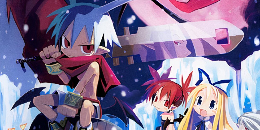 Official artwork of Disgaea: House Of Darkness depicting Laharl wielding a giant sword, Mis-Boss reflected in the sword and Etna and Flonne in the background.