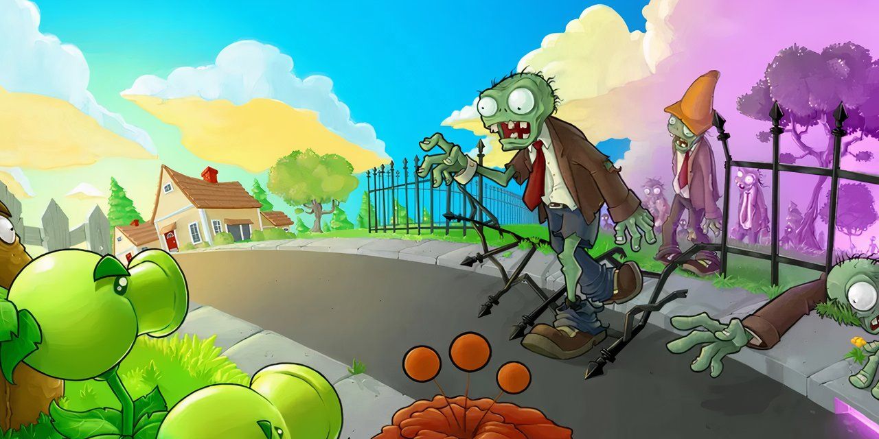 Official Plants vs Zombies artwork showing peashooters fighting the oncoming zombies.