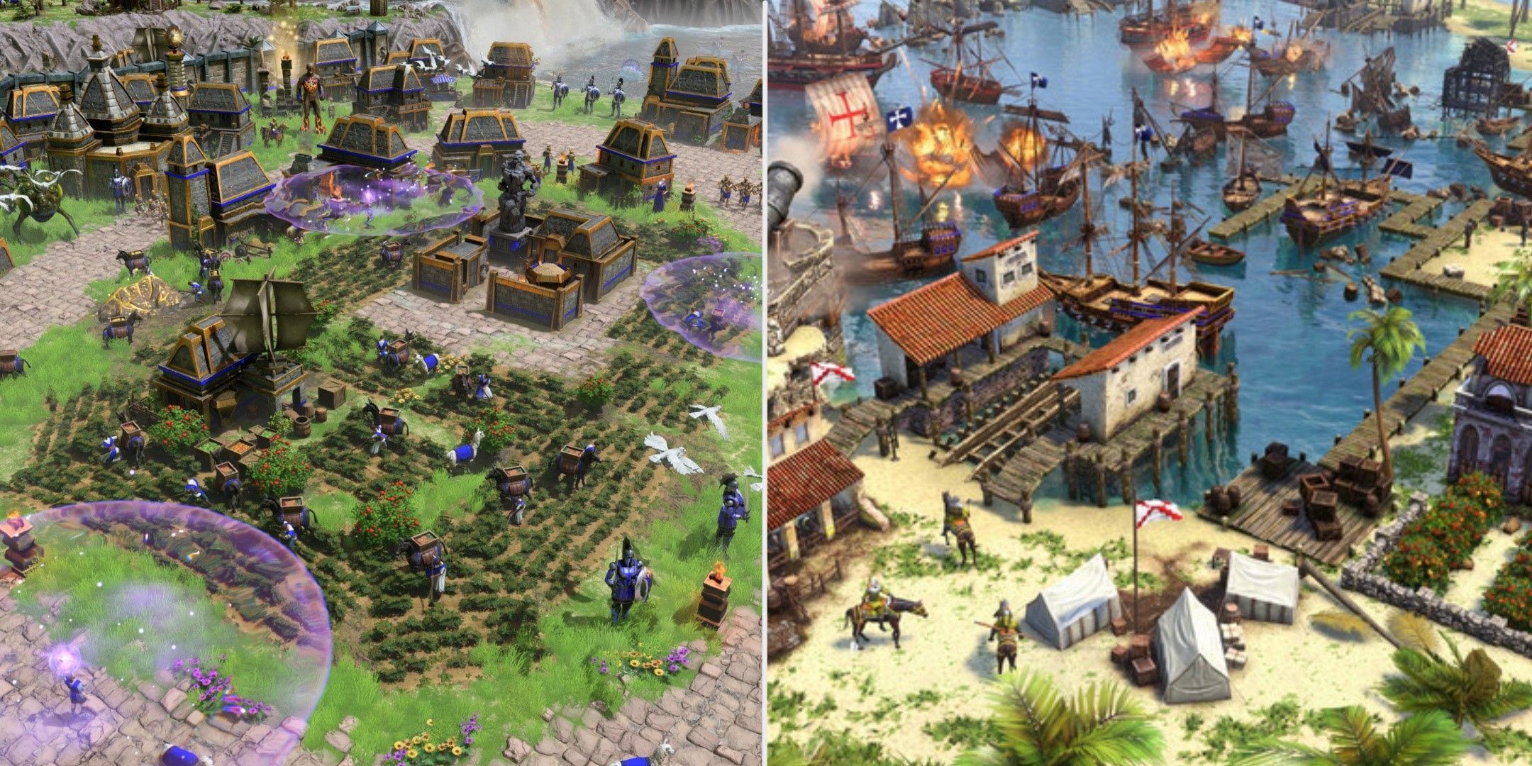 A split image showing civilizations in Age of Mythology and Age of Empires 3.