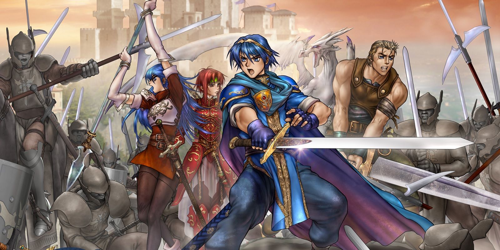 Official artwork of Fire Emblem: Shadow Dragon for the Nintendo DS, depicting Marth, Caeda and their companions in battle.