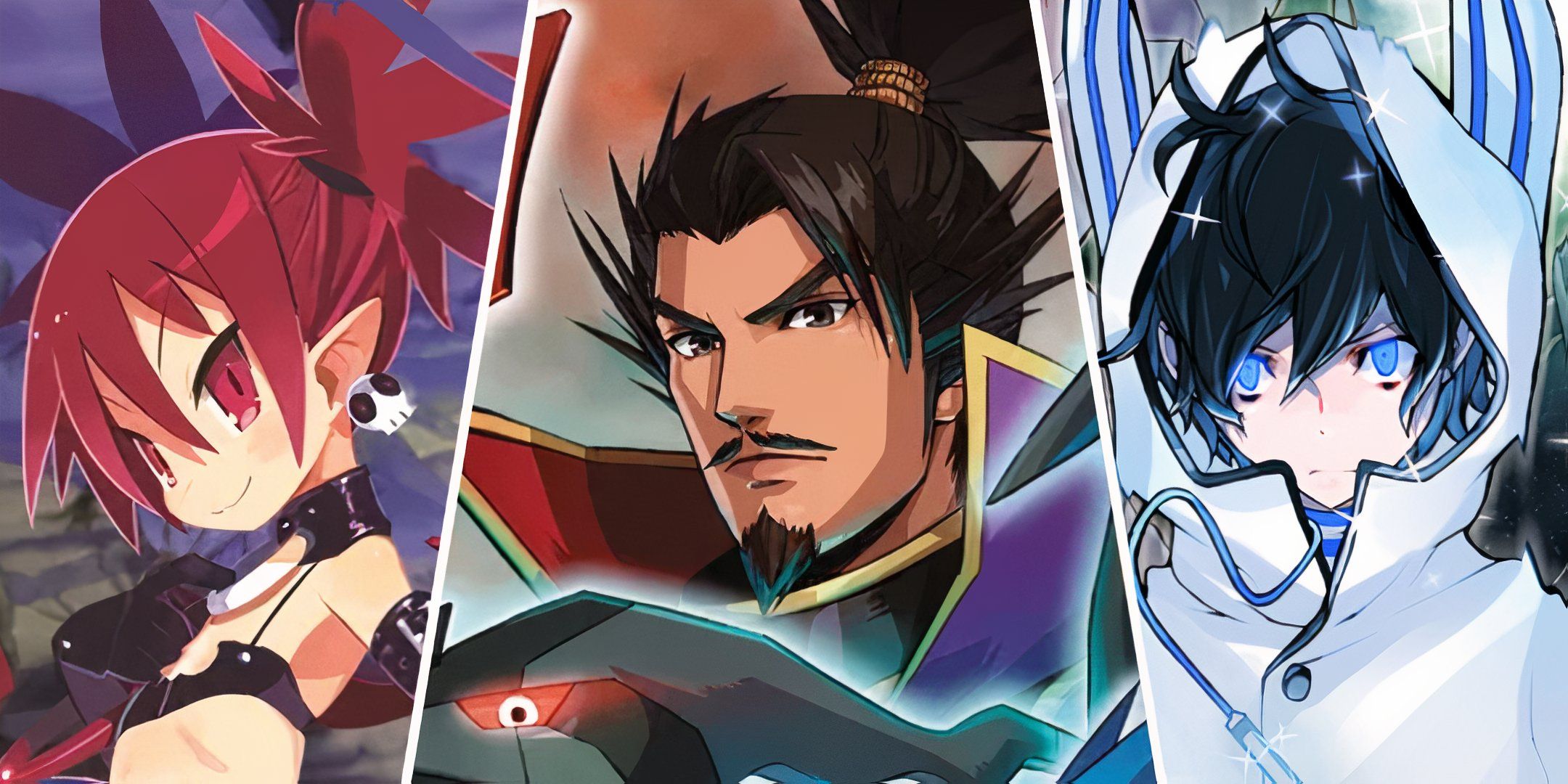 Split image of focal characters from Disgaea, Pokemon Conquest and Shin Megami Tensei: Devil Survivor 2.