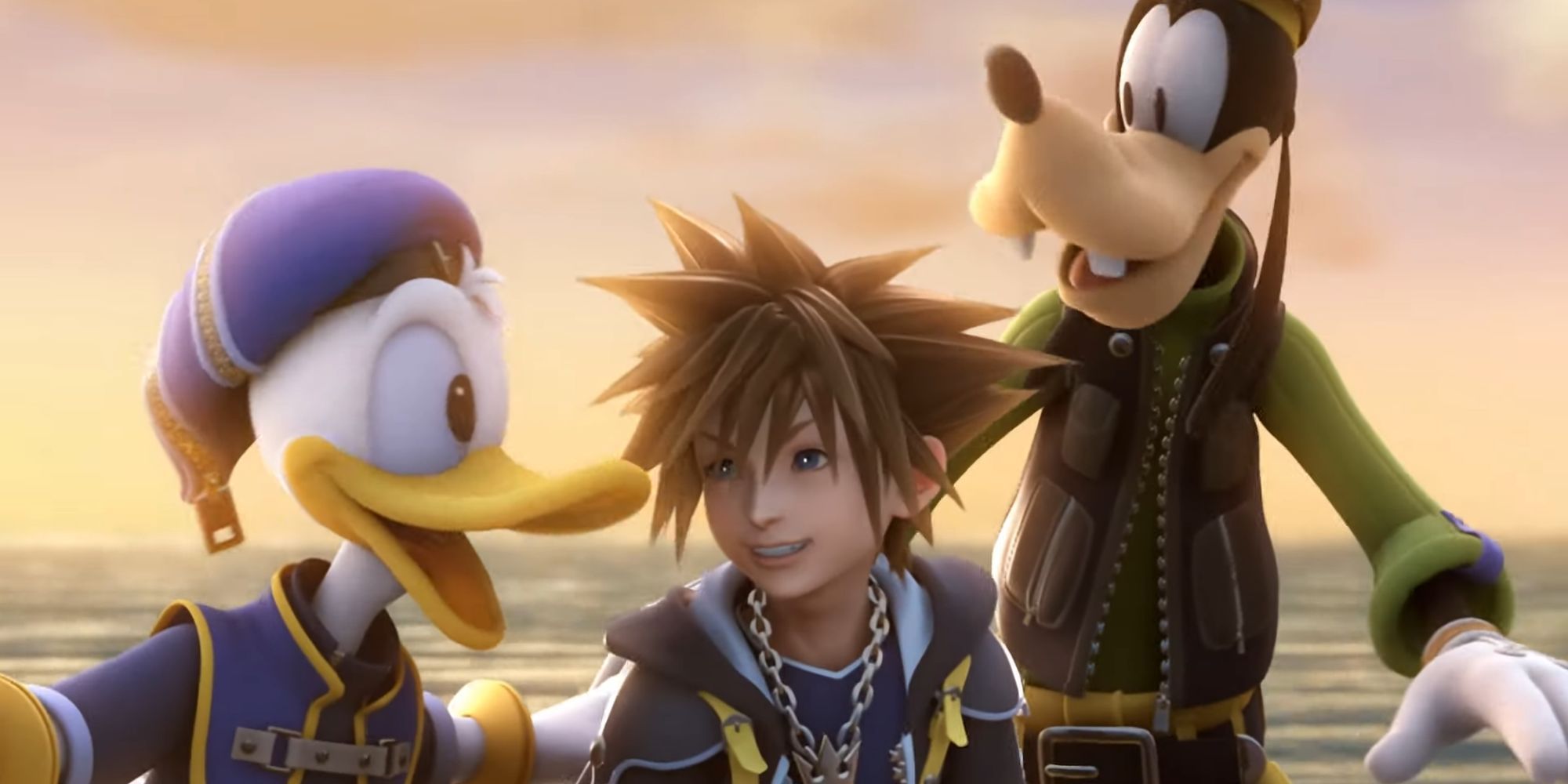 Donald and Goofy greet Sora as he returns to Destiny Islands in Kingdom Hearts 2