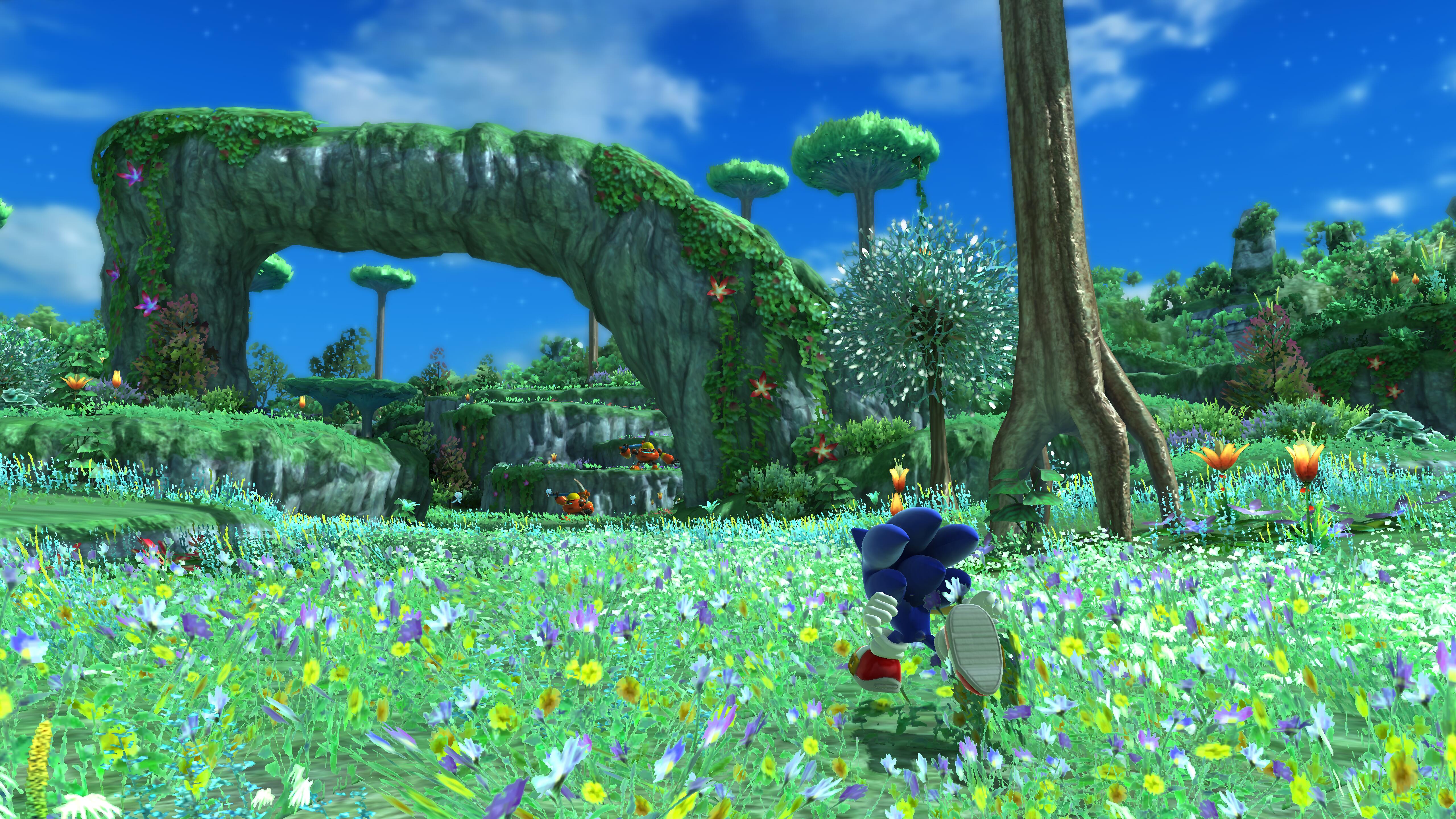 Modern Sonic runs through the alien greenery of Planet Wisp in Sonic Generations