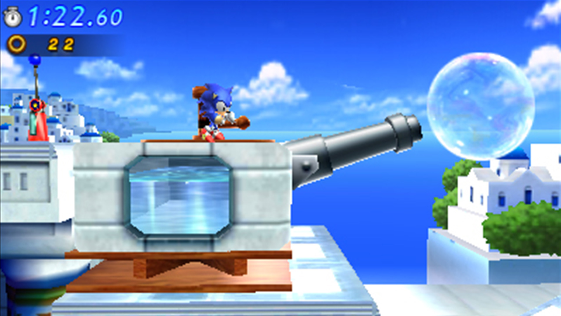 Sonic activates a water cannon in the Water Palace stage in Sonic Generations for 3DS