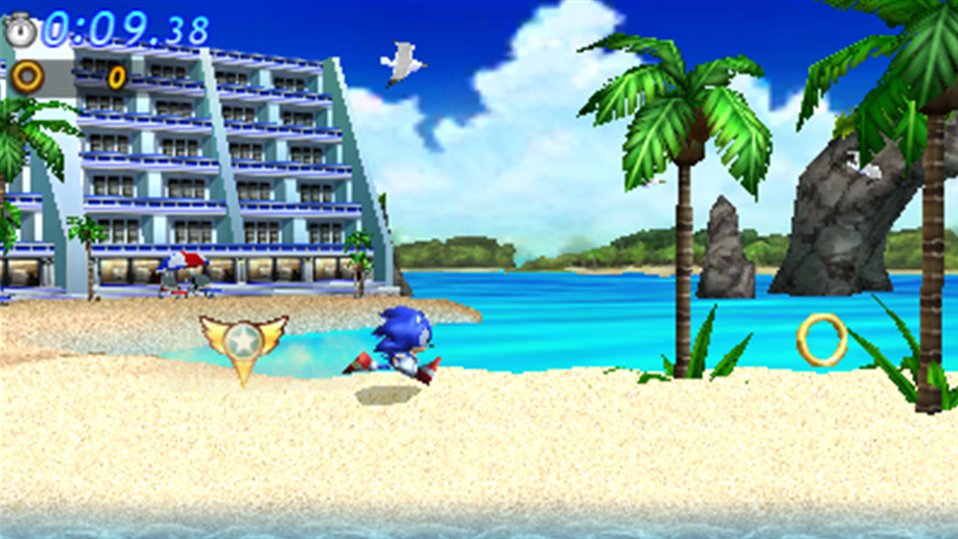 Sonic runs through Emerald Coast in Sonic Generations on 3DS