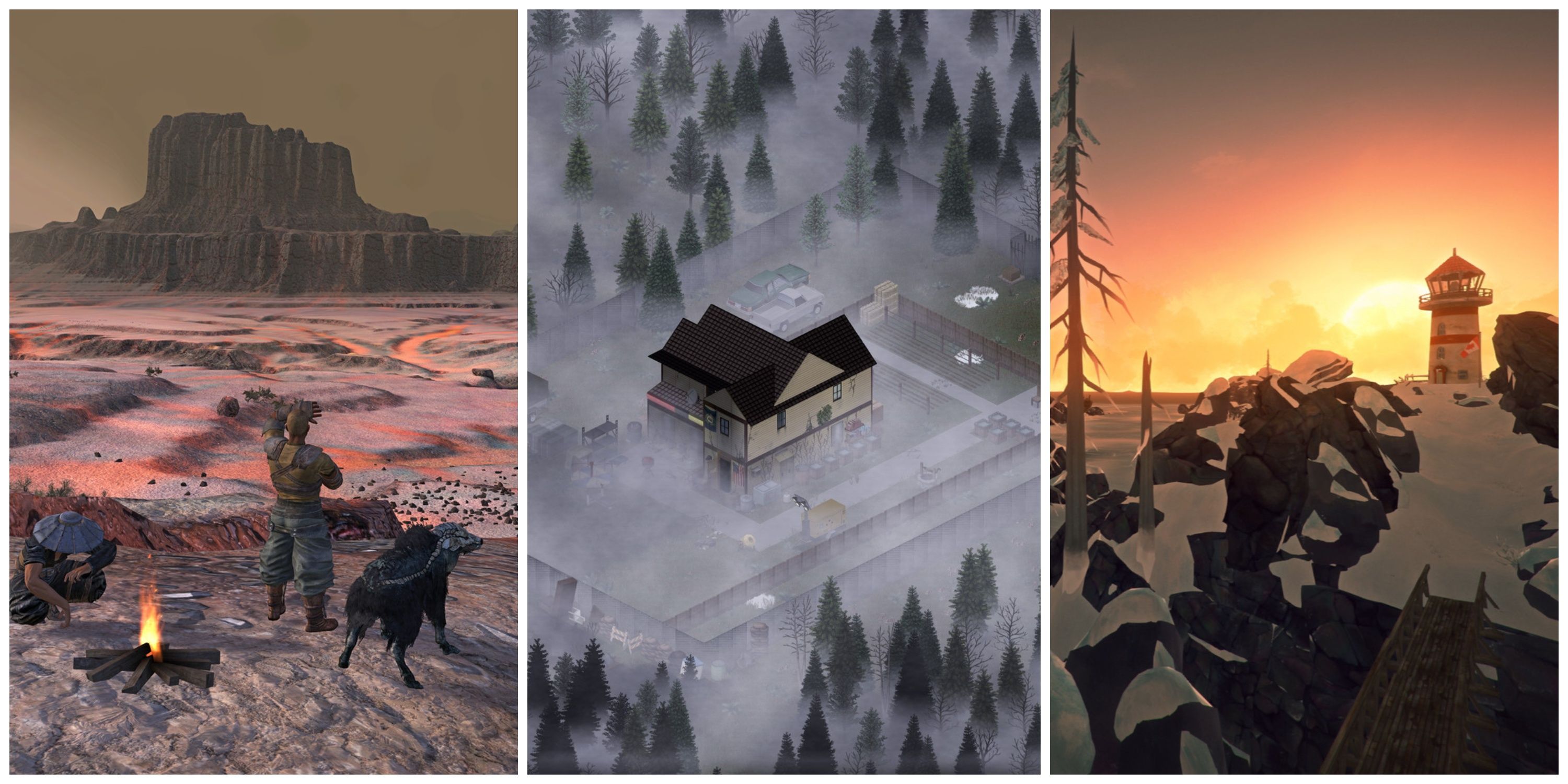 Best Open-World Sandbox Games featuring Kenshi (Left), Project Zomboid, (Middle), and The Long Dark (Right)