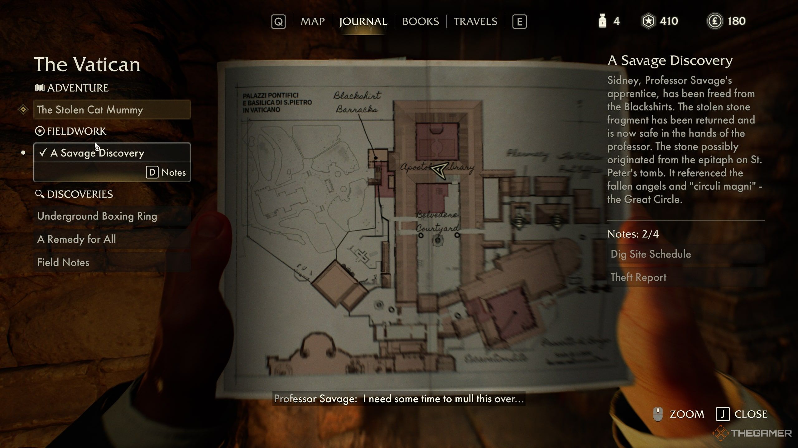 The player opening their journal menu to show the Field Work side quests in Indiana Jones and The Great Circle. 