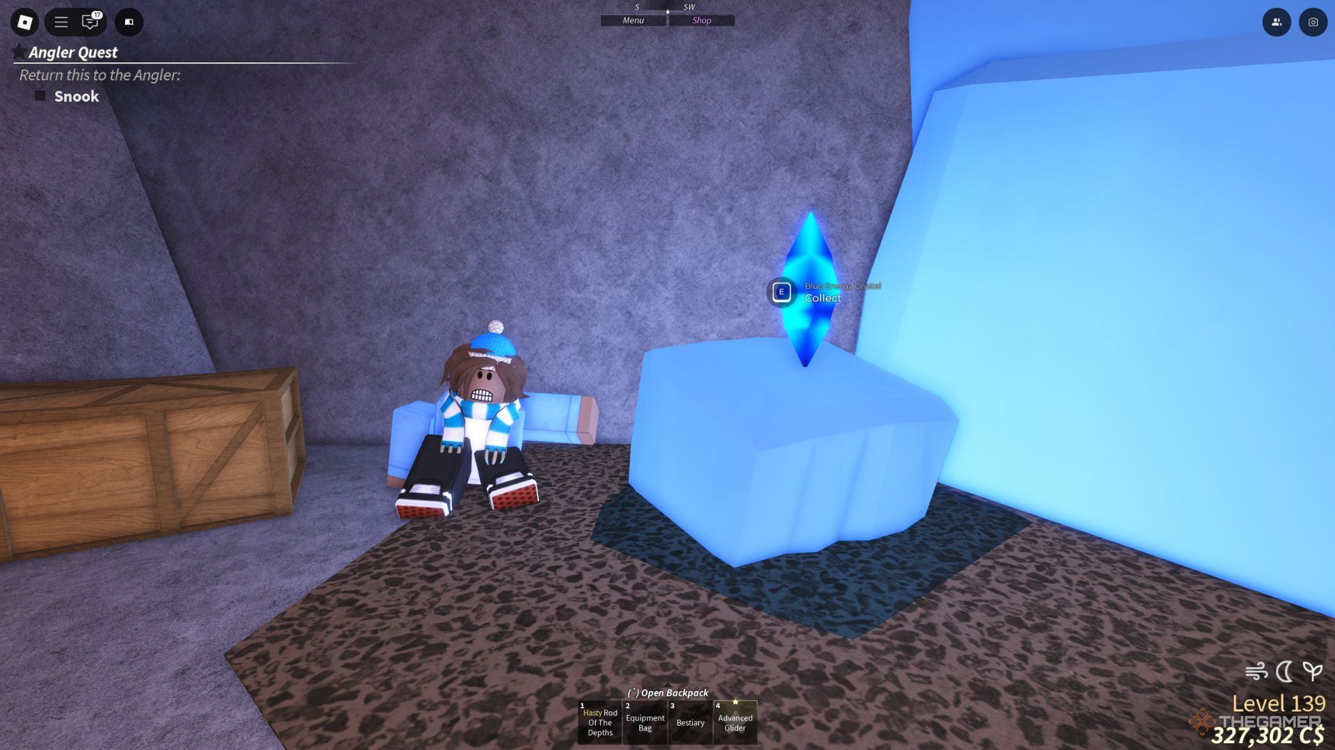 NPC sits next to the Blue Energy Crystal in Fisch.