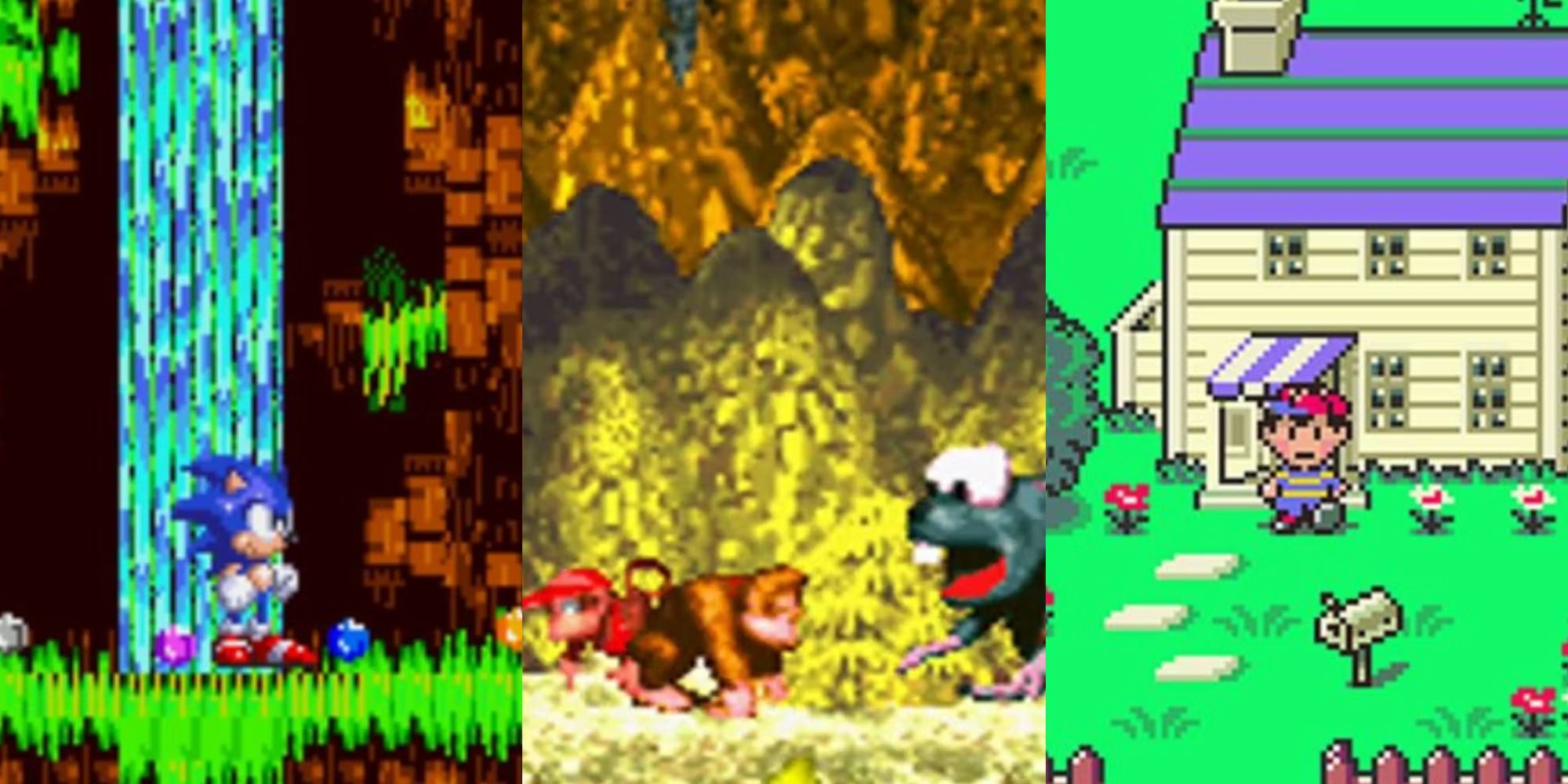 Sonic from the start of Sonic 3, a boss fight from Donkey Kong Country, and Ness from EarthBound.