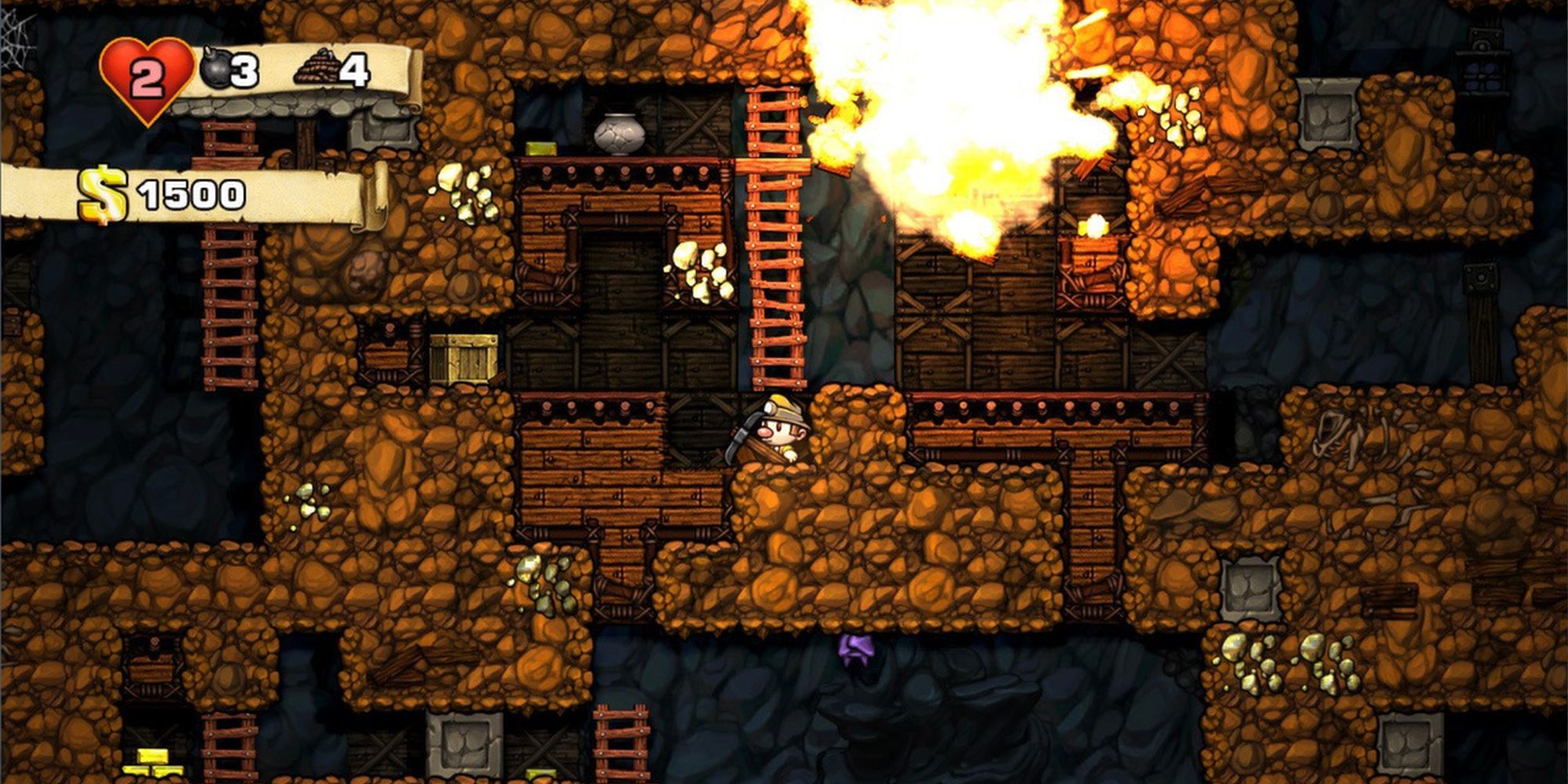 spelunky player character narrowly avoiding an explosion above them