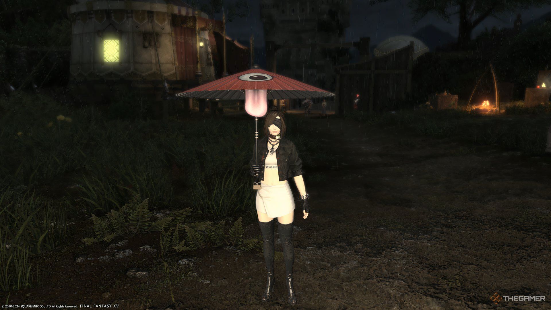 A player using their umbrella in the rain in Final Fantasy 14.