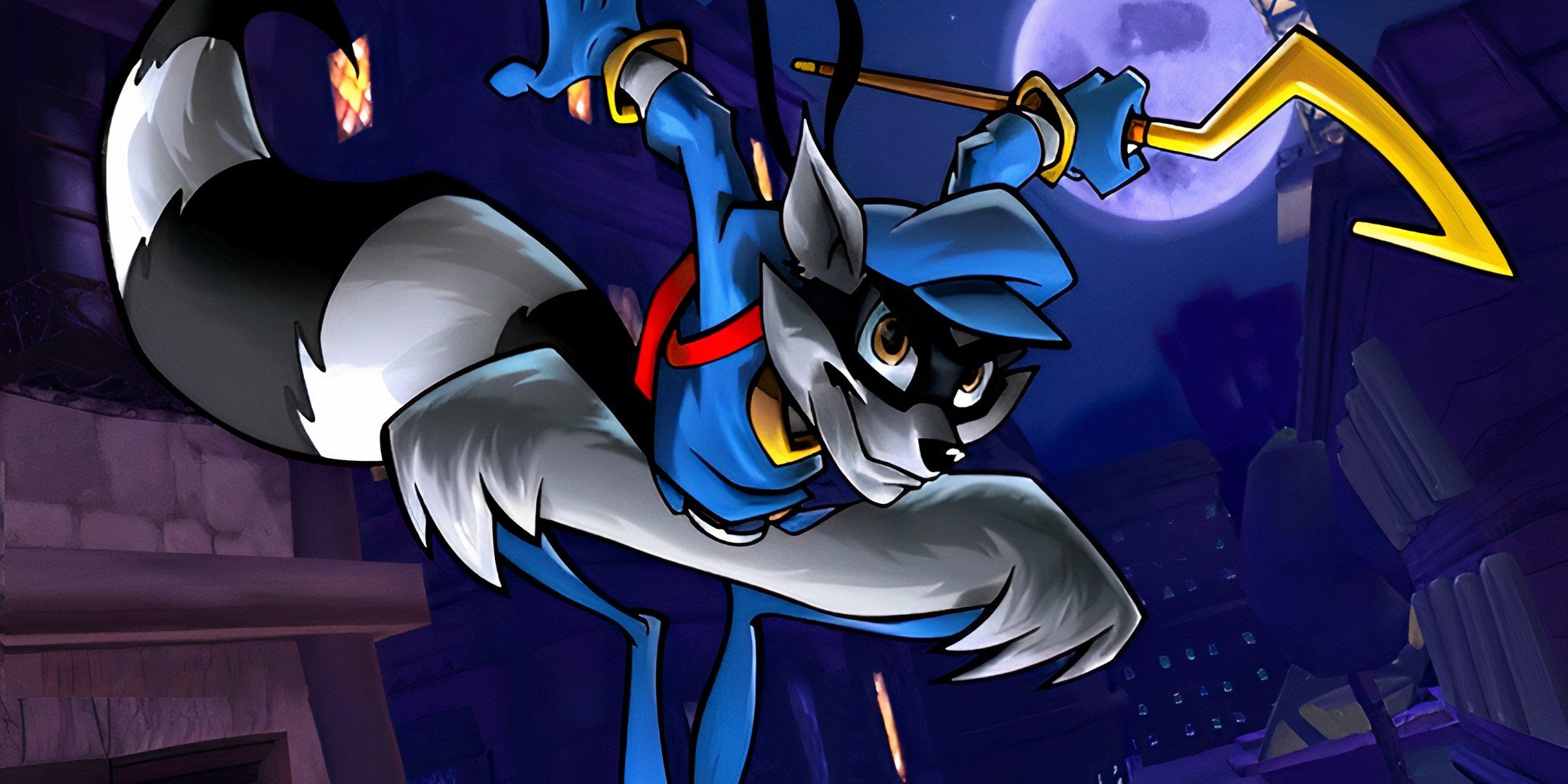 Sly Cooper jumping down against a moonlit city. 