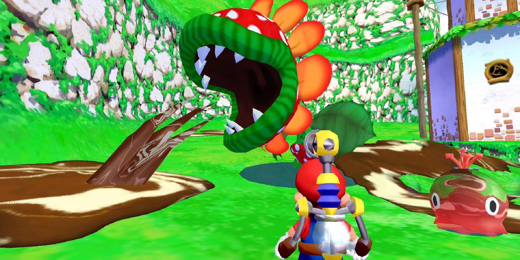 Mario cleaning up a Piranah plant in Super Mario Sunshine.