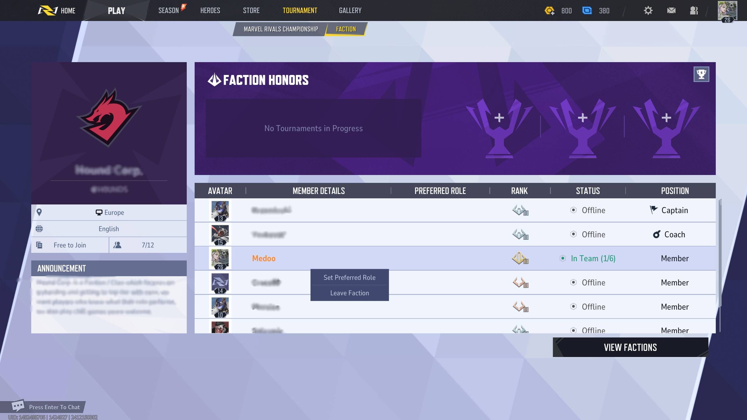 Faction menu - Marvel Rivals