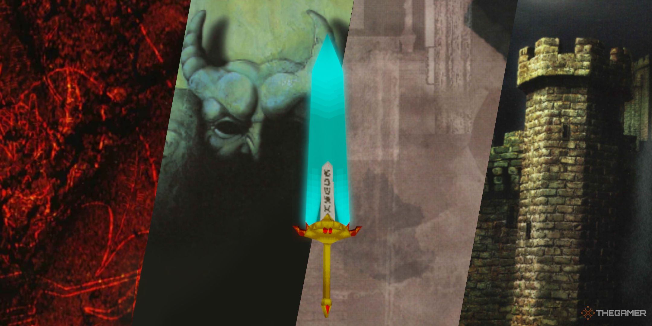 King's Field series Split Image. Four sections each feature images taken from the instruction manual of each King's Field game. The Moonlight Great sword is centered in the middle.