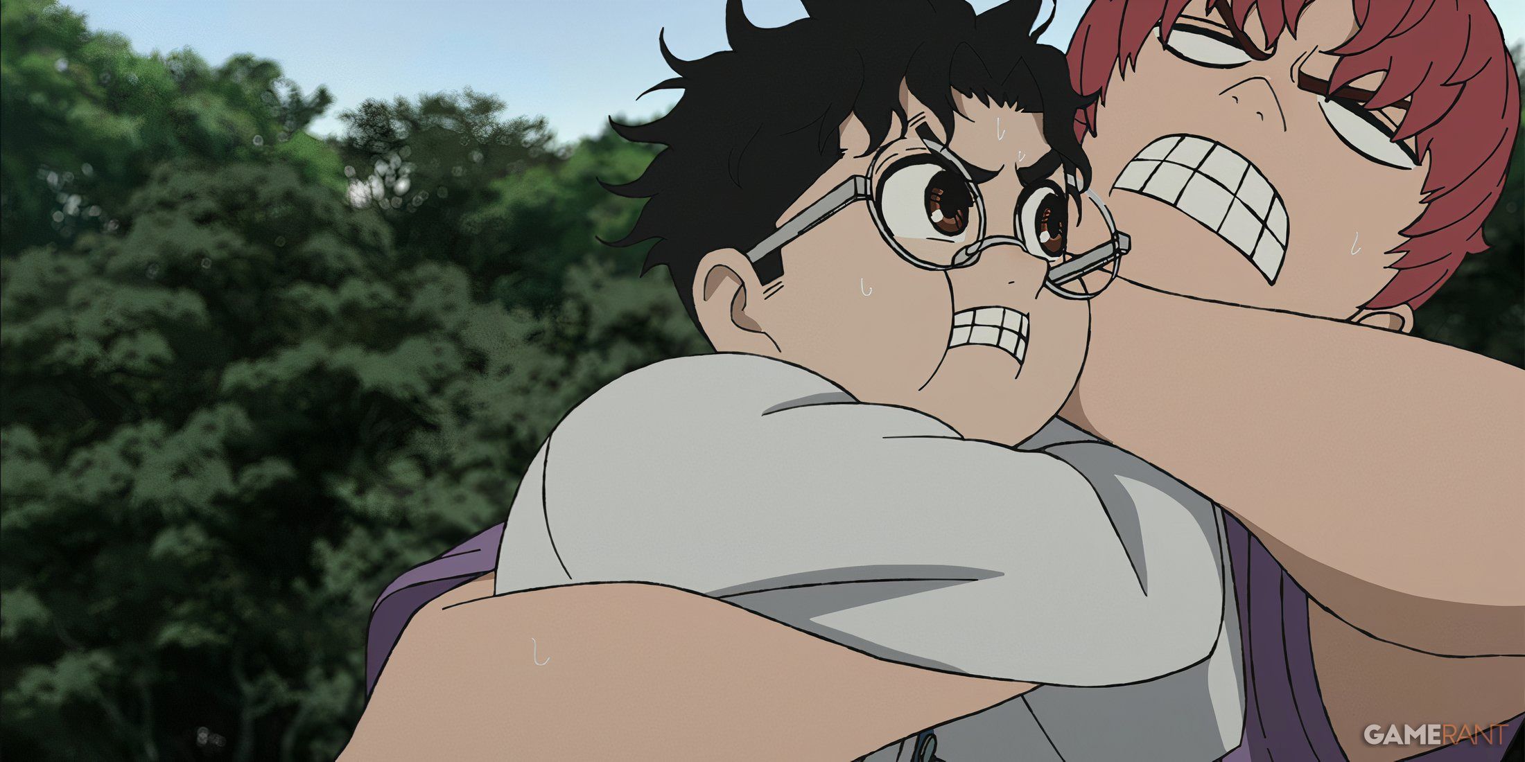 Jiji headlocks Okarun while the two fight over Momo's affection in Dandadan.