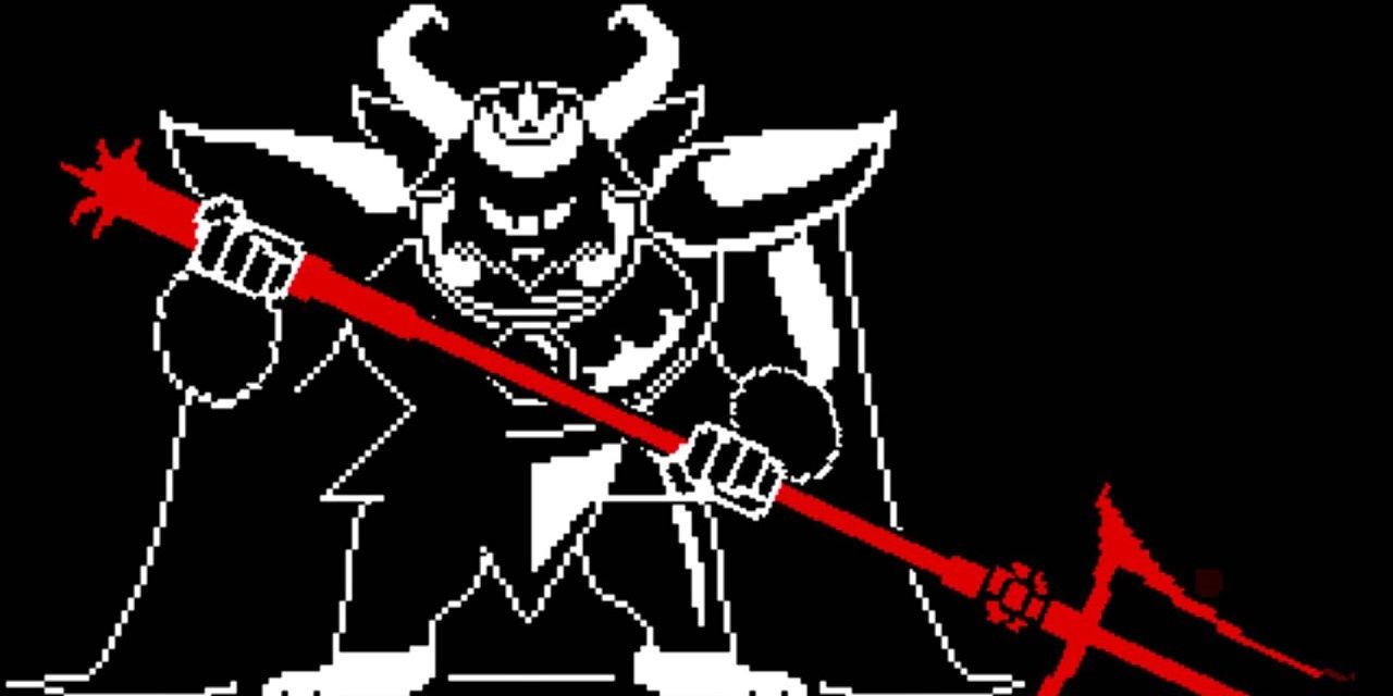 Asgore holding a pitchfork in a boss battle in Undertale.