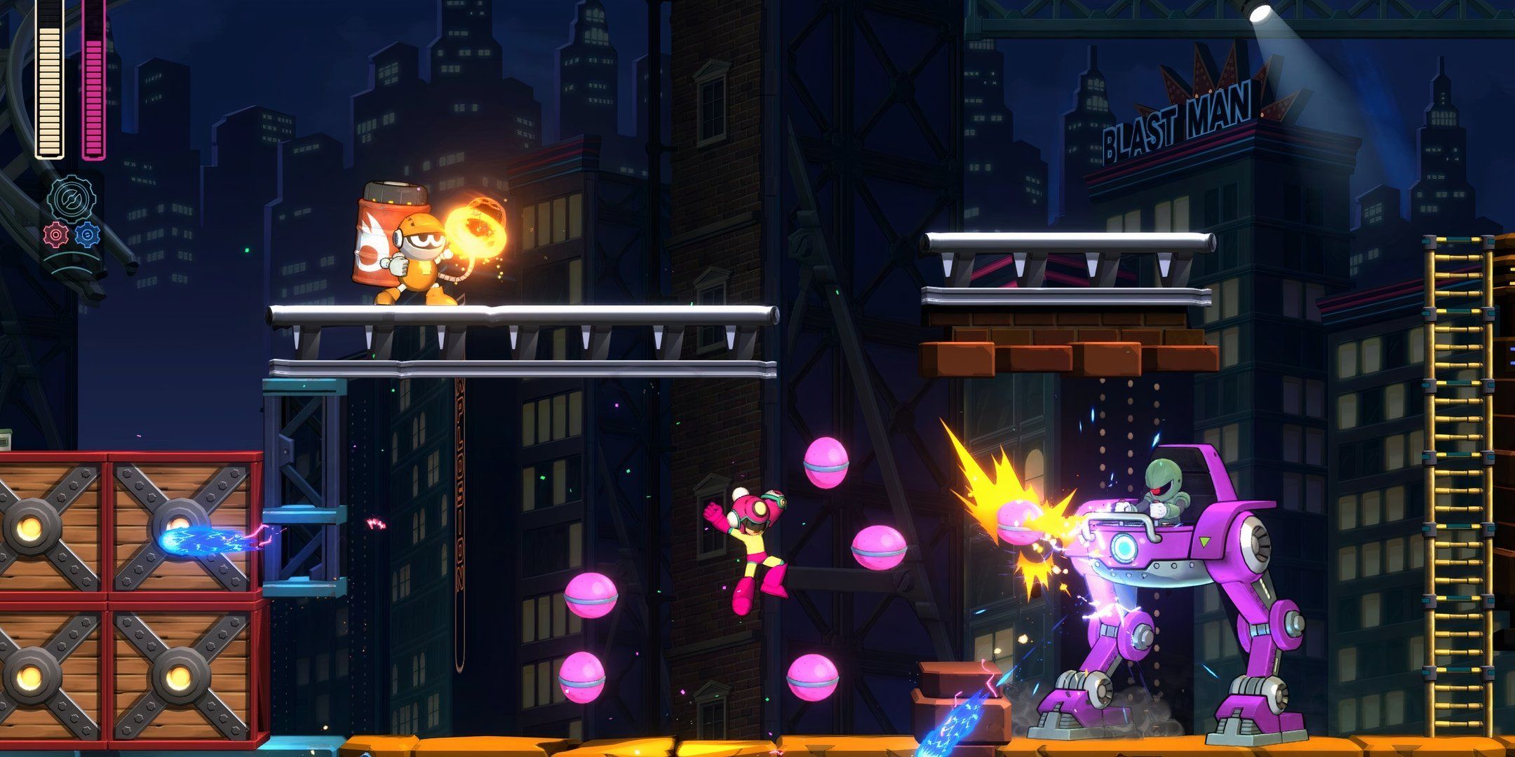 Pink megaman shoots balls towards robots