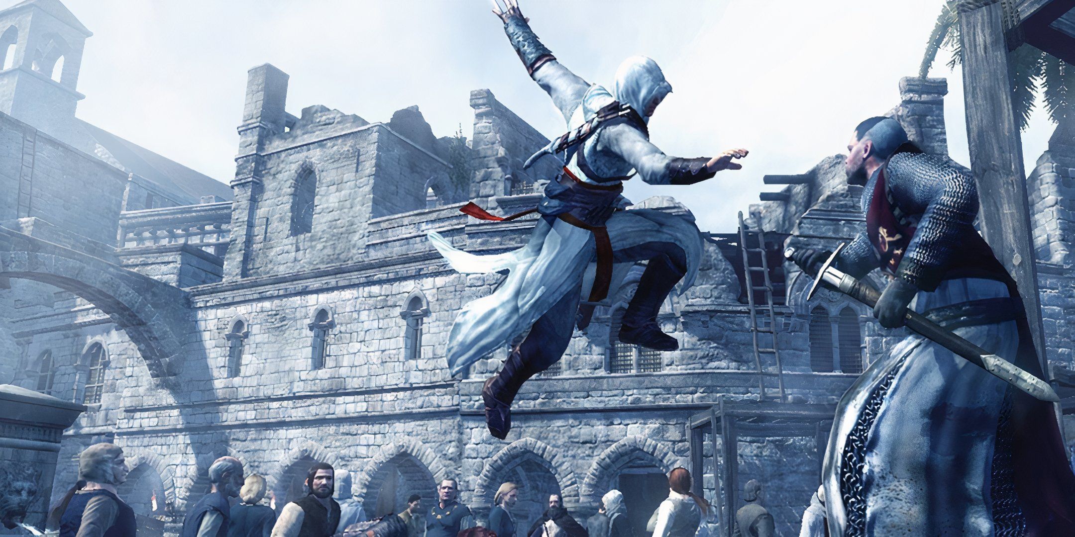 White hooded assassin lunges toward knight.