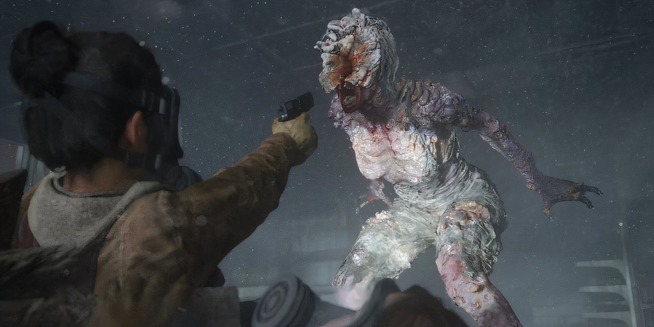 Image of Dina aiming pistol at mutated fungal human from The Last of Us 2.