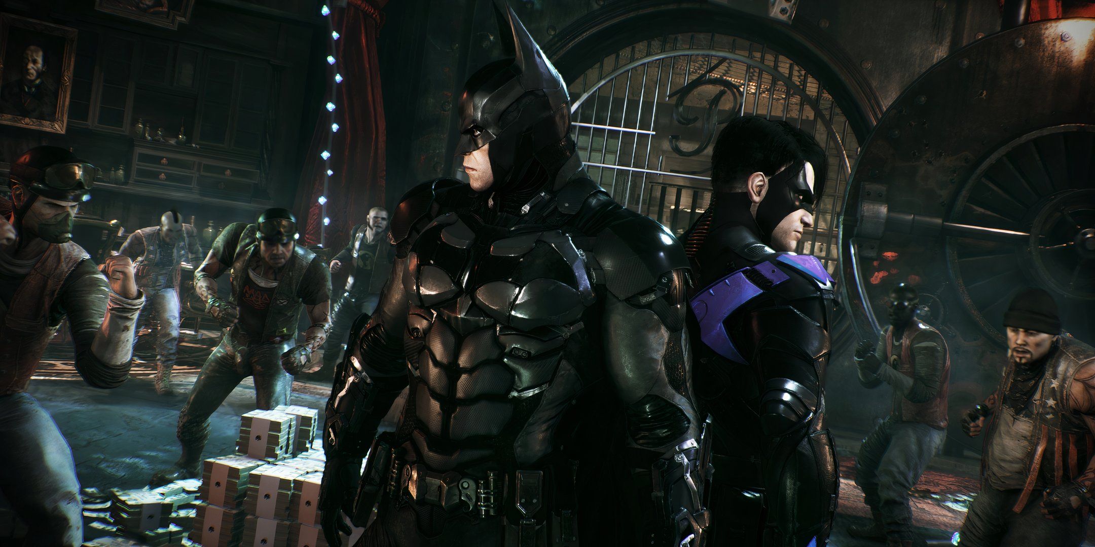 Batman and Nightwing face off against a hoard of thugs