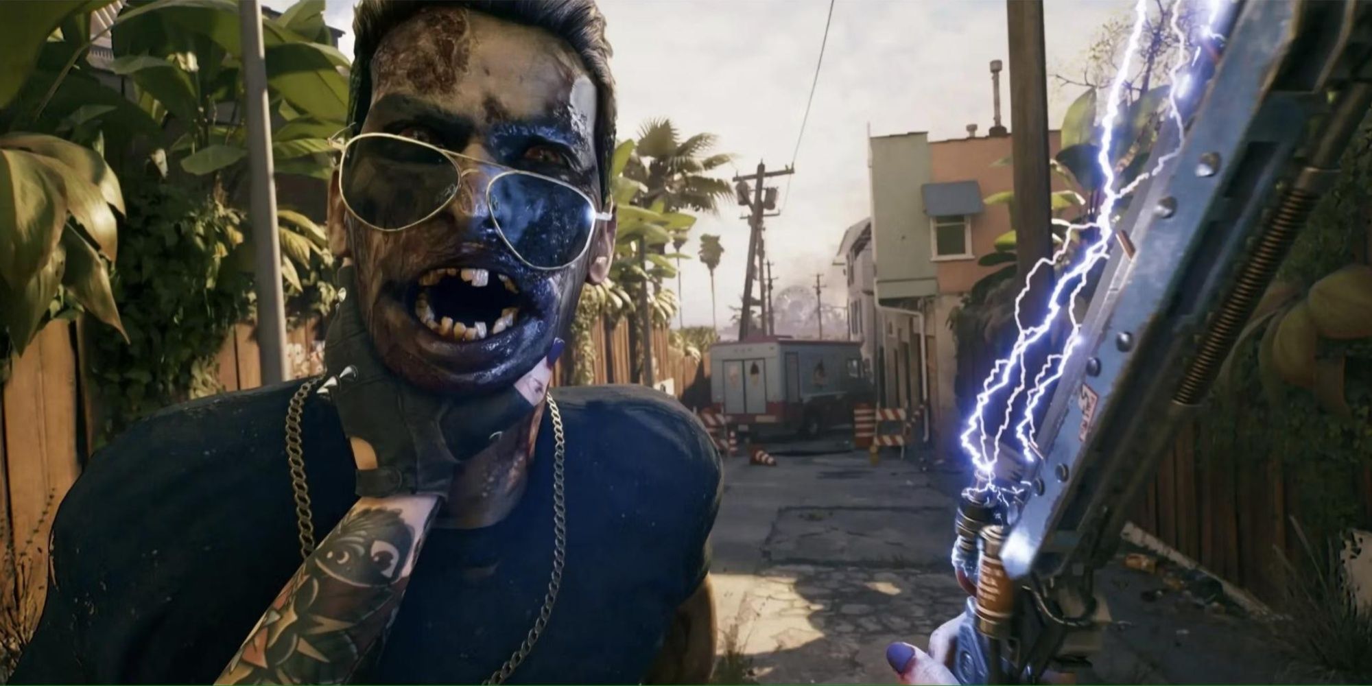 Player Grabbing a Zombie By The Neck in Dead Island 2.