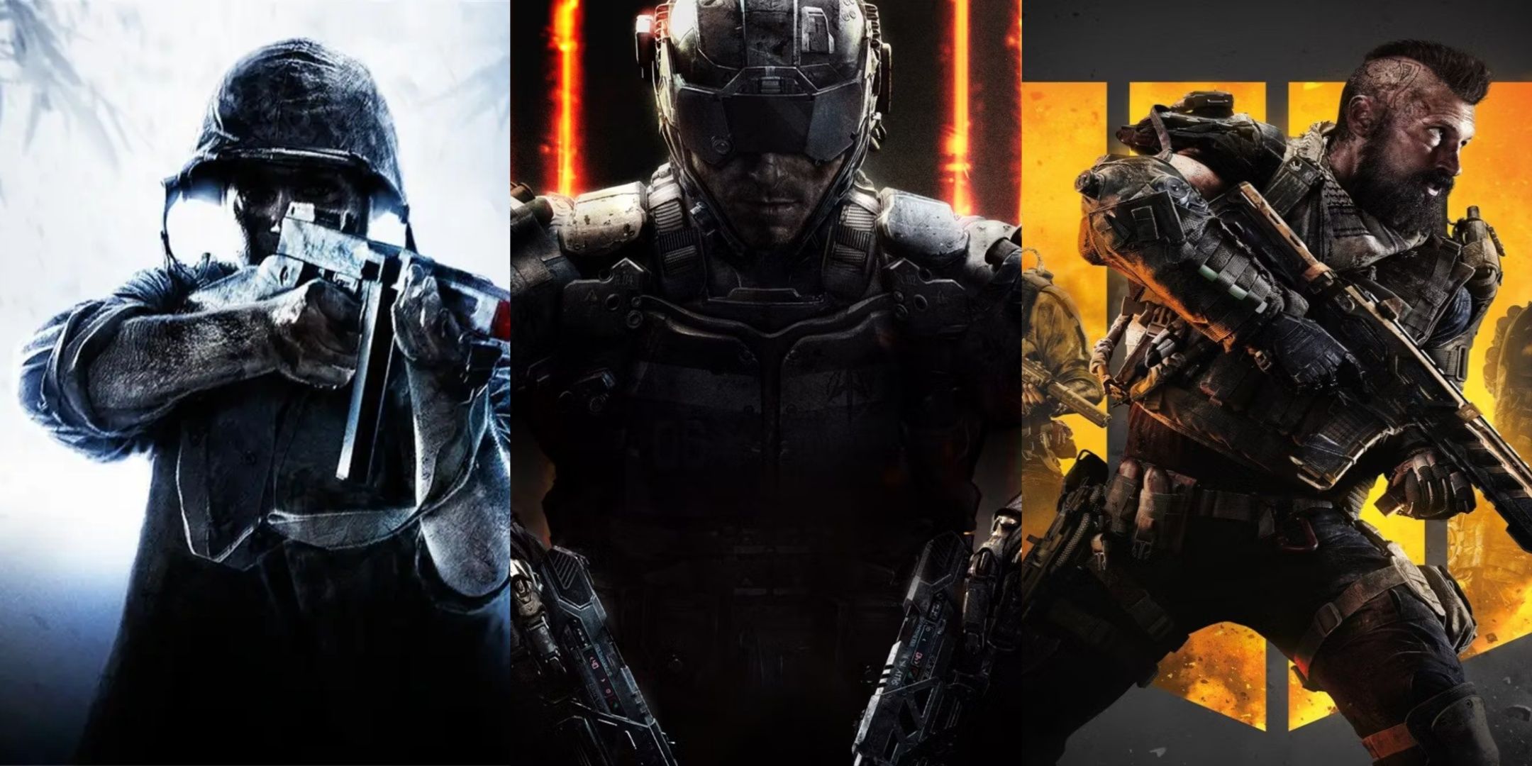 Key art for Call of Duty World at War and box art for Black Ops 3 and 4