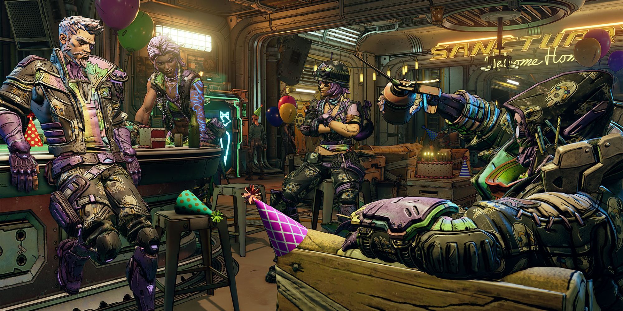 Four characters relaxing together in a room in Borderlands 3.