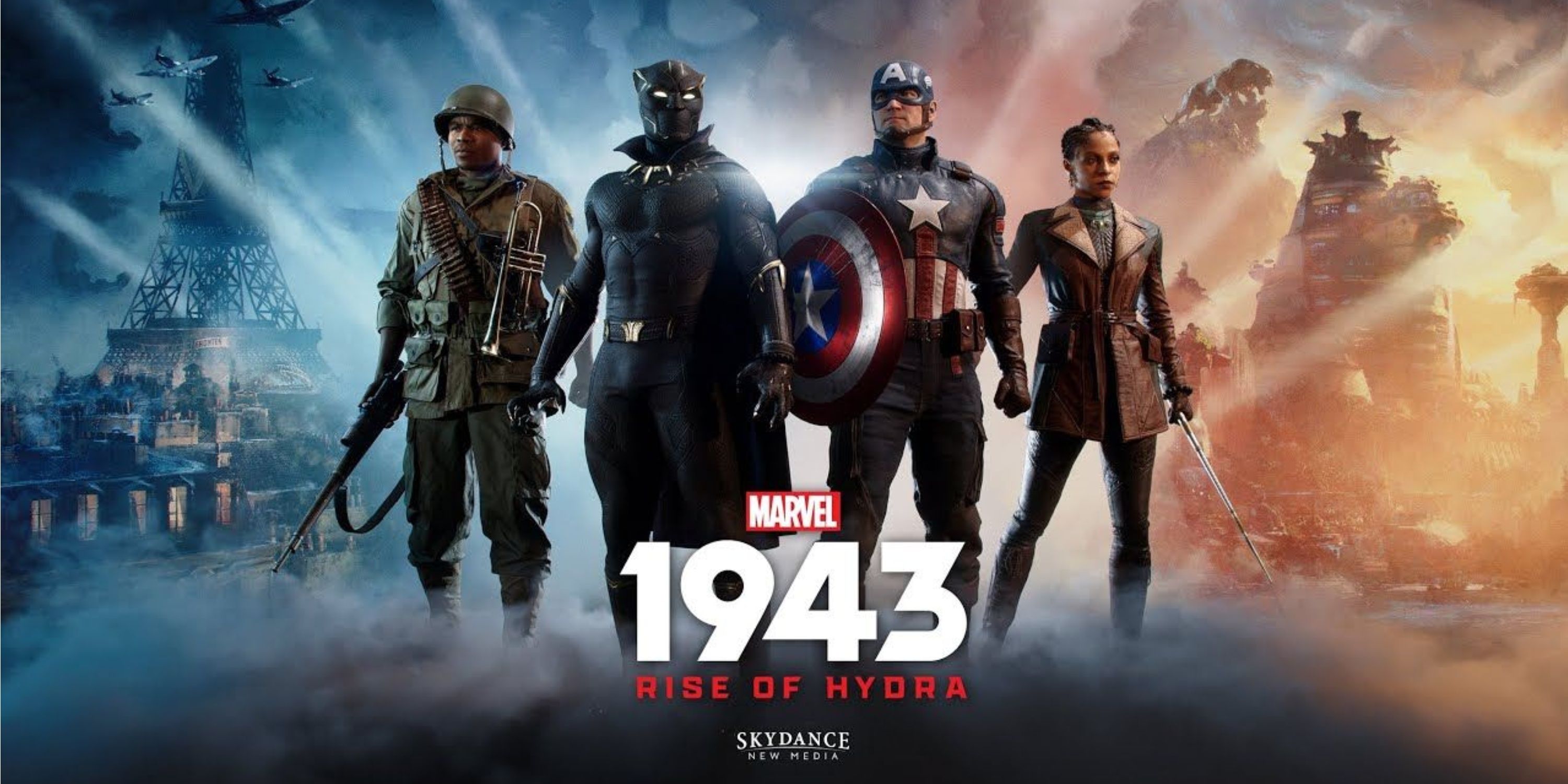 Key art for Marvel 1943 Rise of Hydra showing characters with explosions in the background.