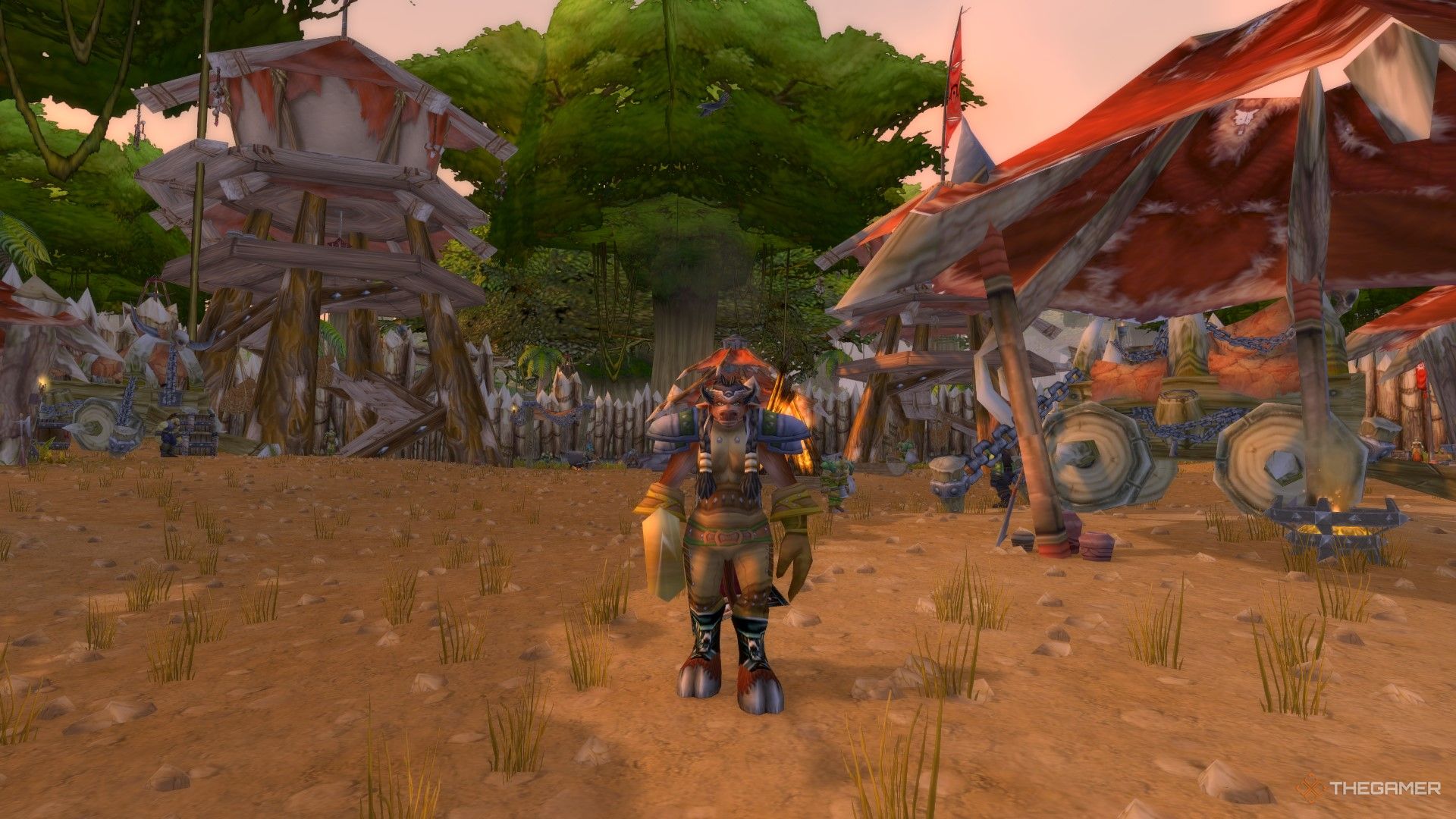 A tauren druid in Grom'gol Basecamp in Stranglethorn Vale.