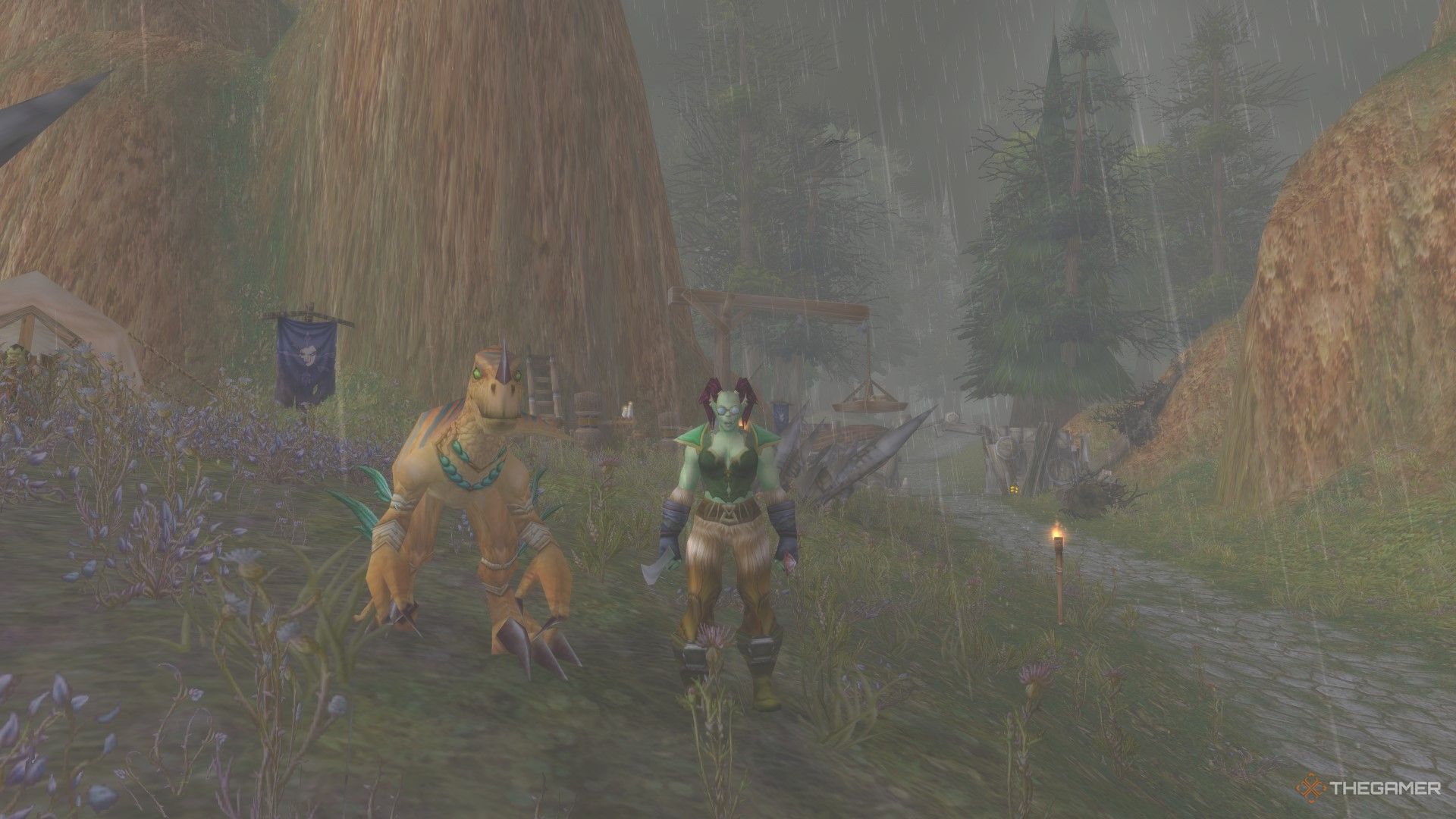 An orc hunter with her raptor pet at the Bulwark, on the border of Tirisfal Glades and the Western Plaguelands.